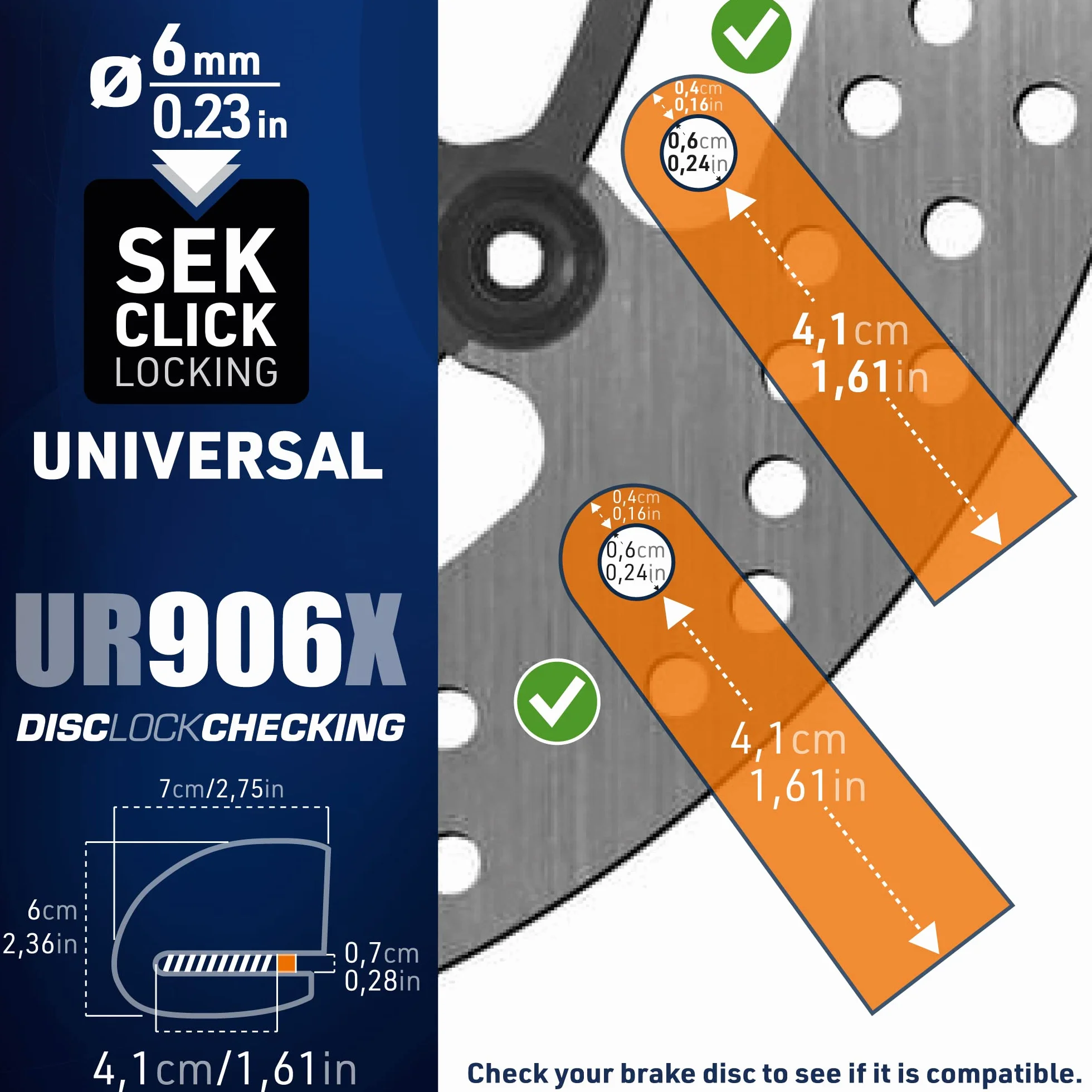 URBAN UR906X Kłódka Antykradzieżowa Blokada Dysku Alarmowego 120 db 6mm Uniwersalna Wodoodporna Żółta