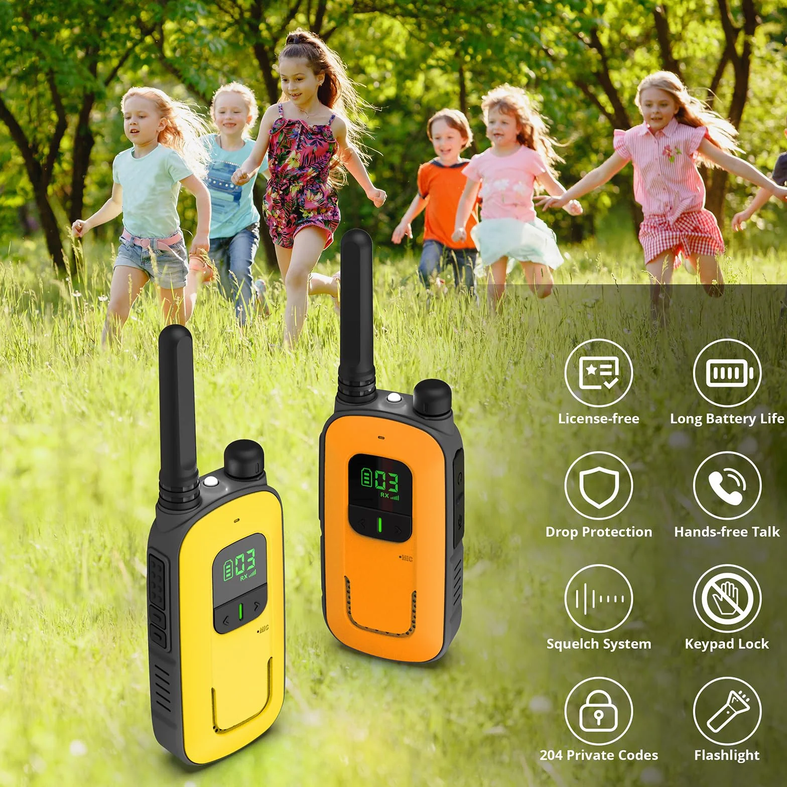 Radioddity PR-T3 Walkie Talkie dla dzieci PMR446 krótkofalówka VOX z 16 kanałami, latarka, zasięg 4 km, ładowalne akumulatory na przygody, aktywności na świeżym powietrzu, kemping, 2 sztuki