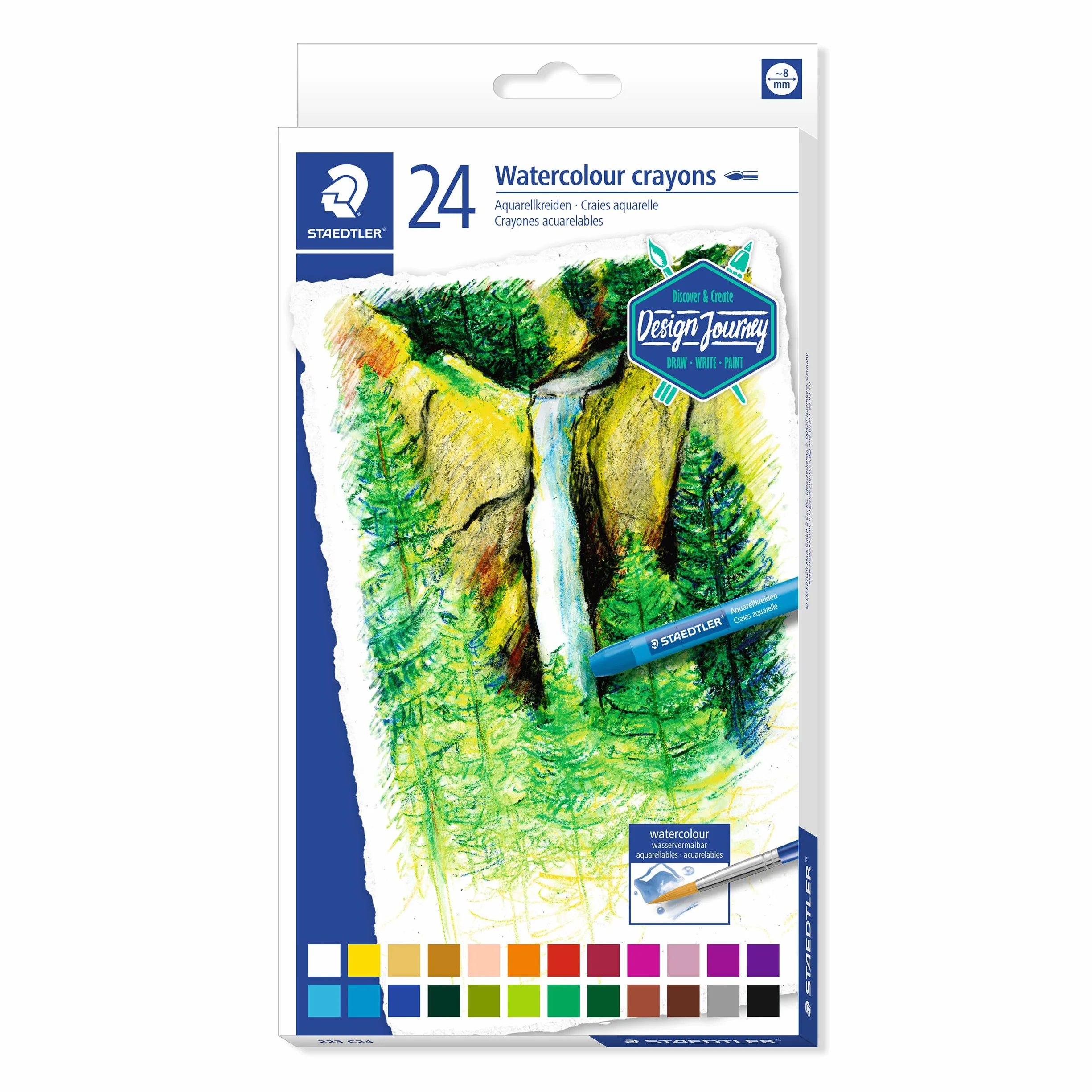 Staedtler 223 C24 kreda akwarelowa (jasne kolory, łatwo zmywalna, z wodoodporną banderolą, średnica 8 mm, okrągła) kartonowe etui z 24 żywymi kolorami
