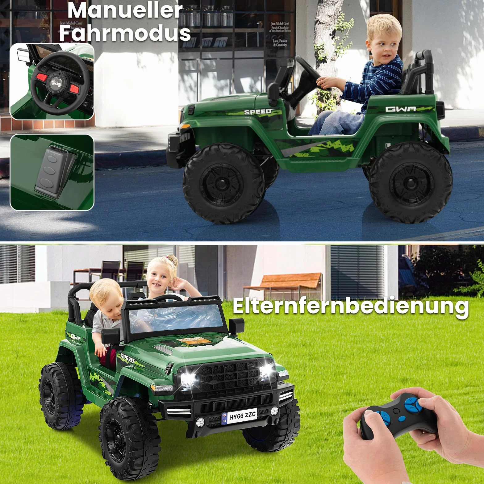 COSTWAY Samochód elektryczny dla dzieci 24 V, 2-osobowy, dziecięcy samochód z pilotem zdalnego sterowania 2,4 G, klaksonem i diodami LED, dla dzieci od 3 lat (zielony)