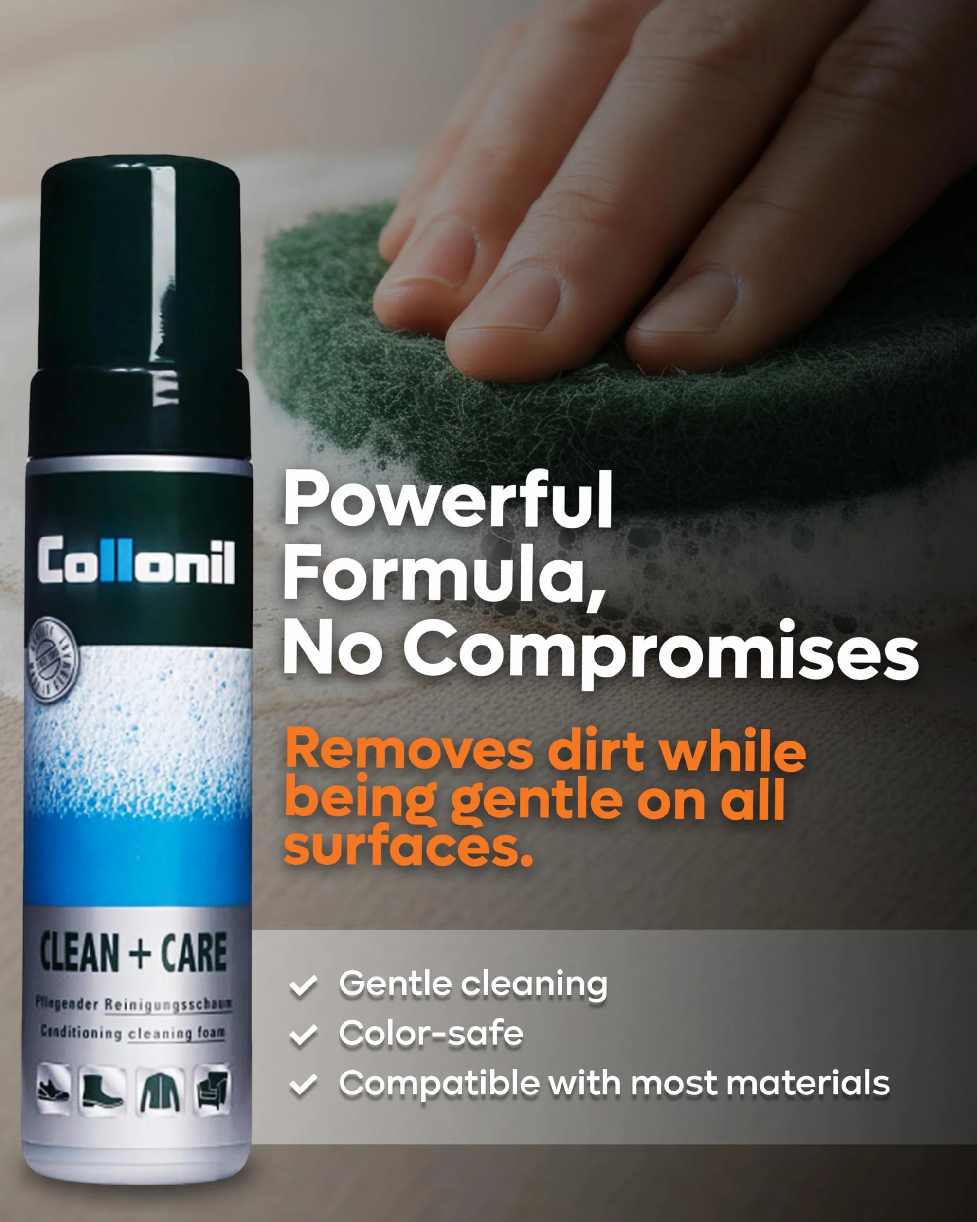 Collonil Clean & Care Classic pianka czyszcząca – delikatna i skuteczna pielęgnacja skóry, zamszu, tekstyliów i syntetyków | uniwersalny środek czyszczący | 200 ml – Made in Germany