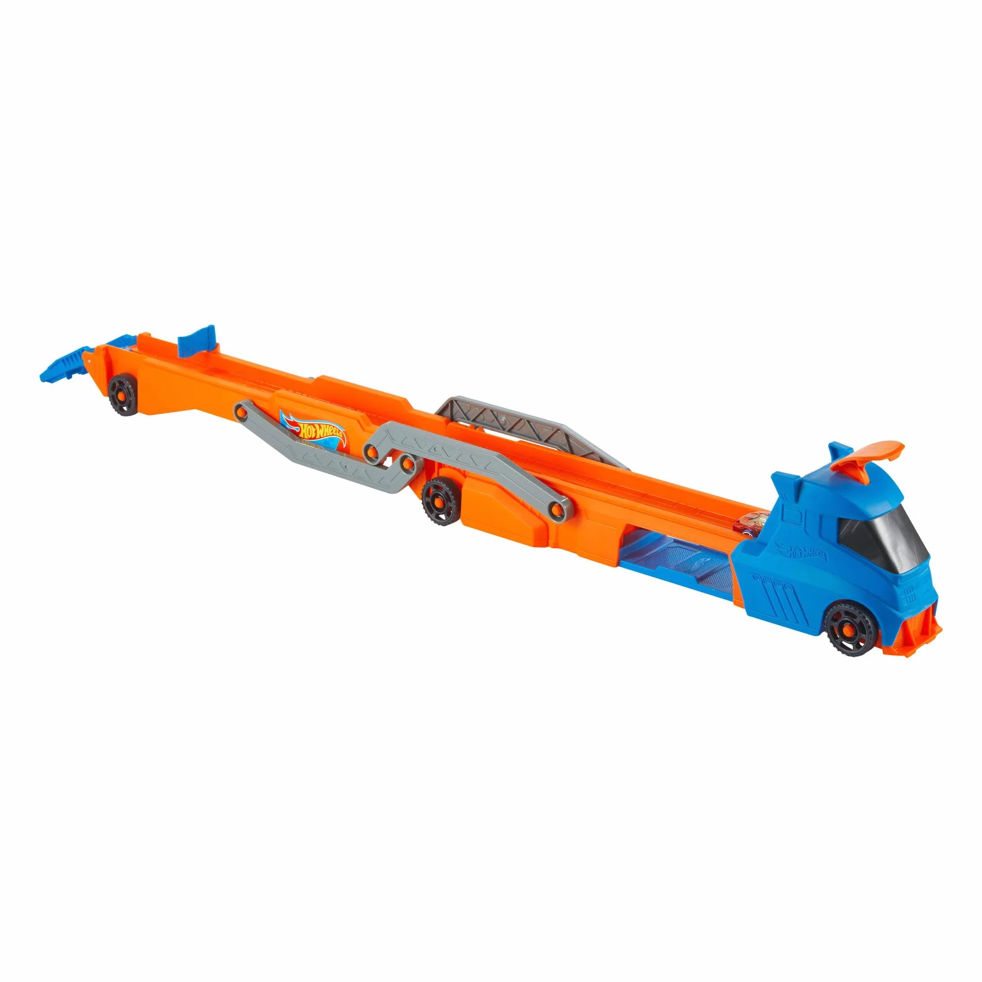 Hot Wheels Miejski transporter Duży pojazd ciężarówka z transformacją w tor wyścigowy (ponad 76 cm) z wyrzutnią, miejsce na 9 aut i 1 samochodzik w skali 1:64, łączy się z innymi zestawami, HYT83