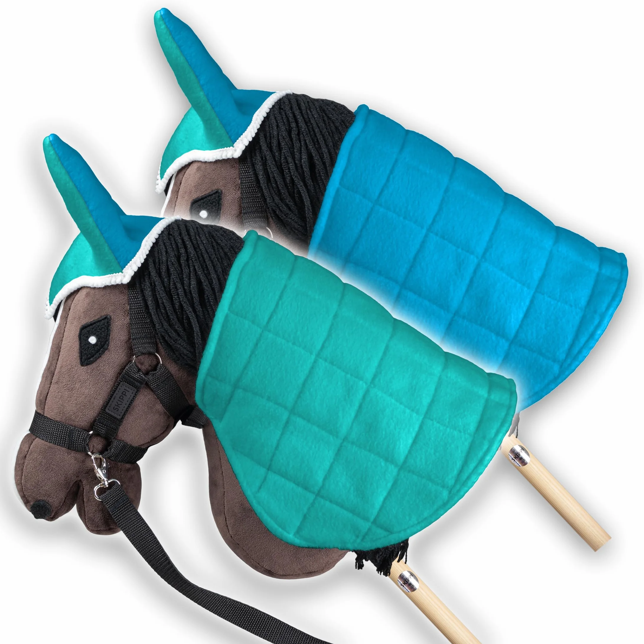 SKIPPI Zestaw Derka i Nauszniki dla Hobby Horse - Mięta i Niebieski, Dwustronna Derka z Polaru, Akcesoria dla Konia na Kiju, Regulowane Zapięcie na Szyi, dla Większości Koni A3 i A4