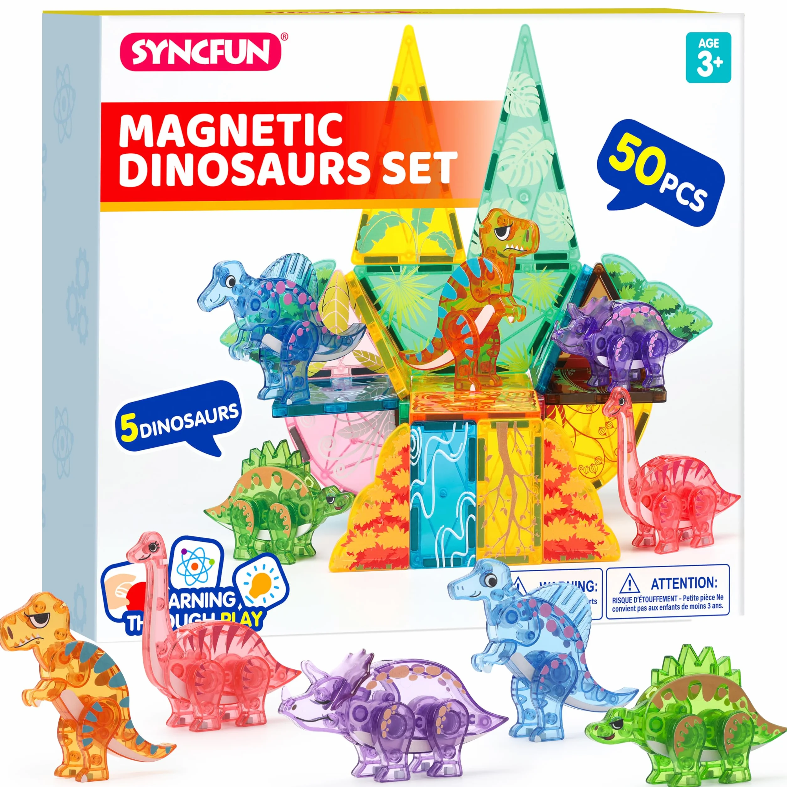 SYNCFUN Magnetyczne Płytki Zestaw Zwierząt z Dżungli dla Dzieci, 50 szt. Magnetycznych Klocków Płytek 5 Dinozaurów, Edukacyjne Zabawki Konstrukcyjne STEM dla Chłopców i Dziewcząt w Wieku 3-8 lat