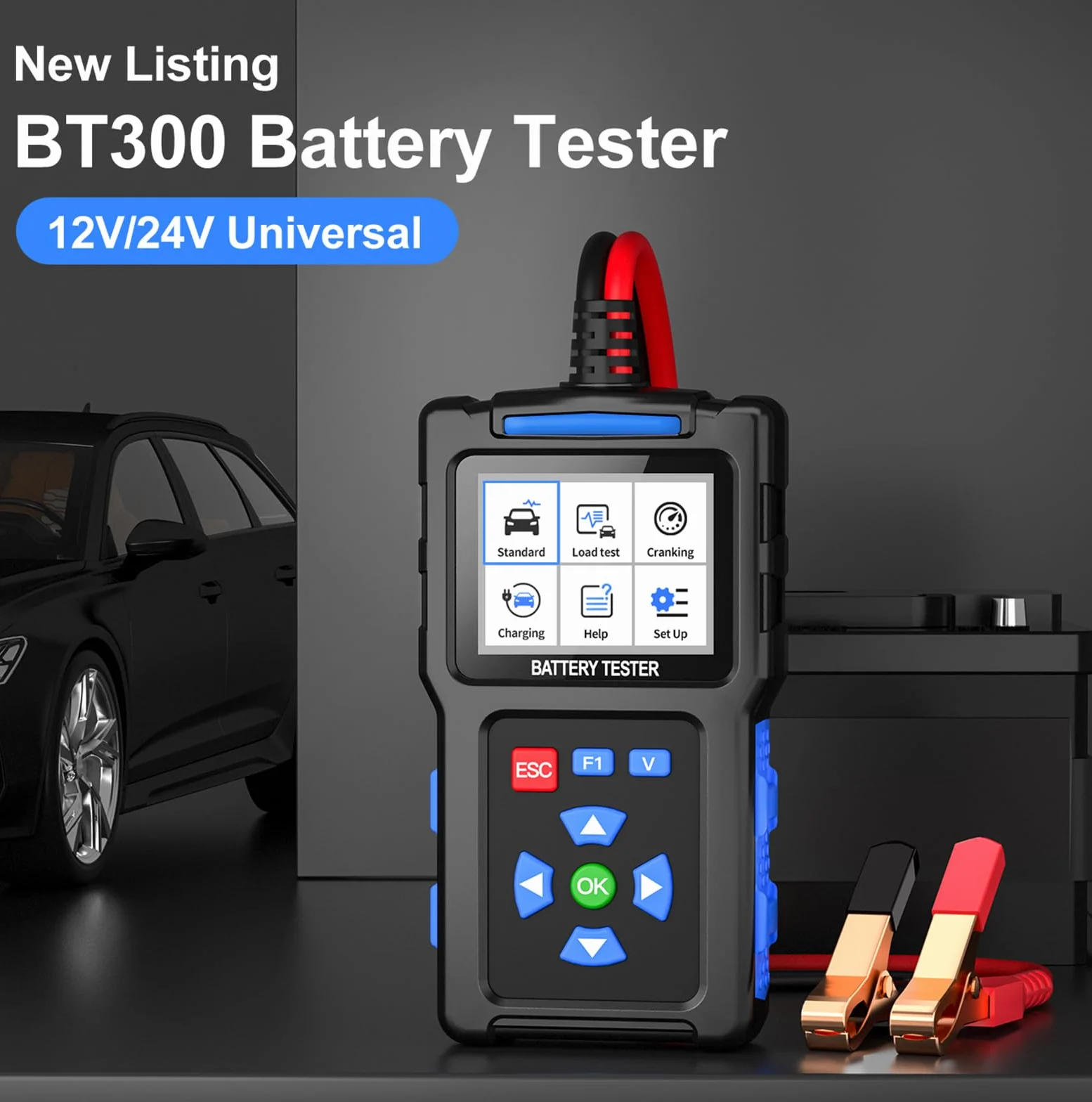 BT300 Tester akumulatora samochodowego 12V/24V 20-2000 CCA kolorowy wyświetlacz TFT 2,4 cala