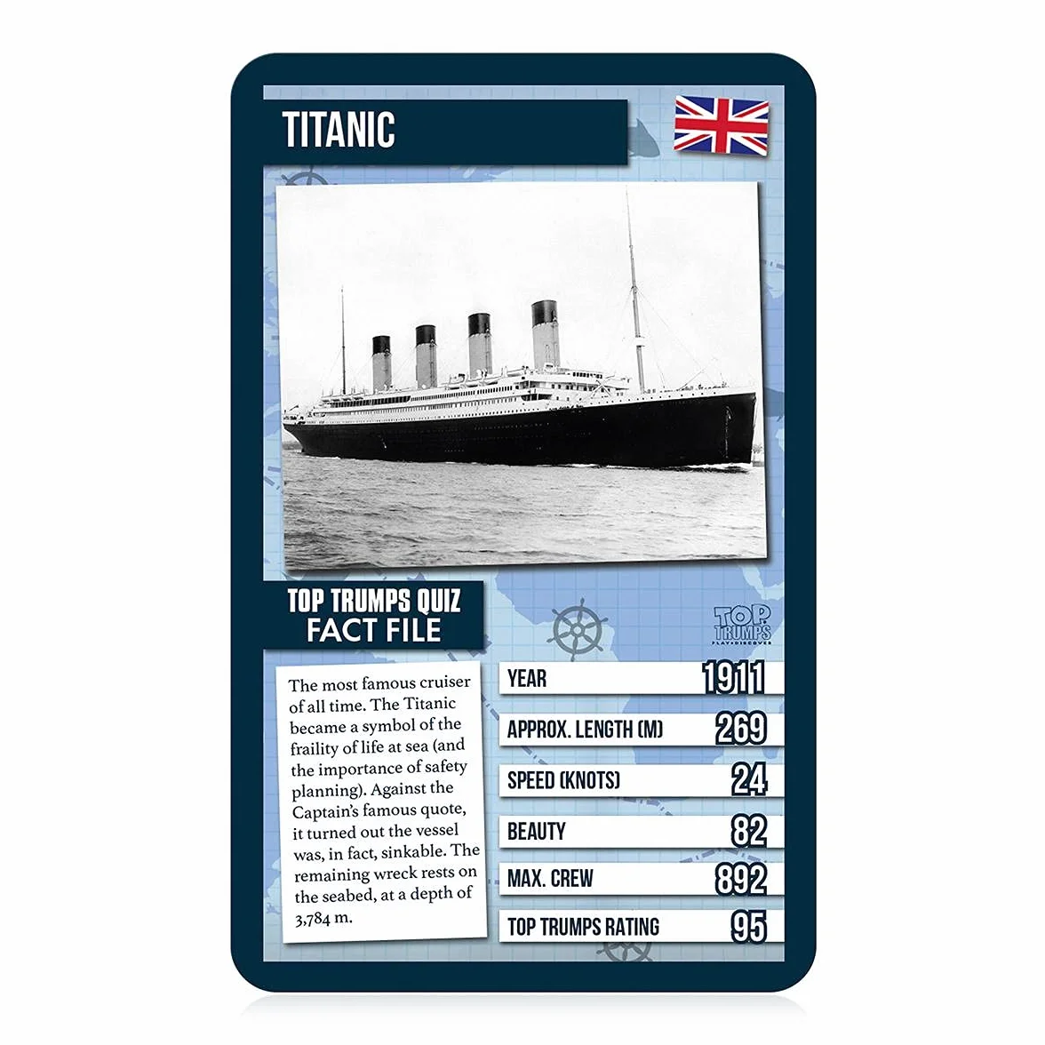 Top Trumps Światowej sławy statki klasyczna gra karciana, poznaj fakty o tankowcach, jachtach i statkach wycieczkowych, w tym Allure of the Seas, Titanic i Brittania, prezenty i zabawki dla chłopców i