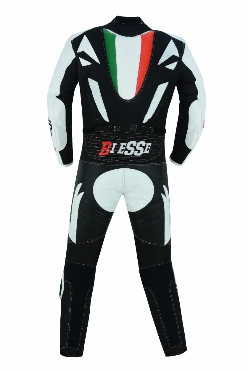 BI ESSE MINIMOTO Kombinezon dziecięcy, skóra i profesjonalna tkanina, z ochraniaczami CE, biały, czarny, L (9-10 lat))