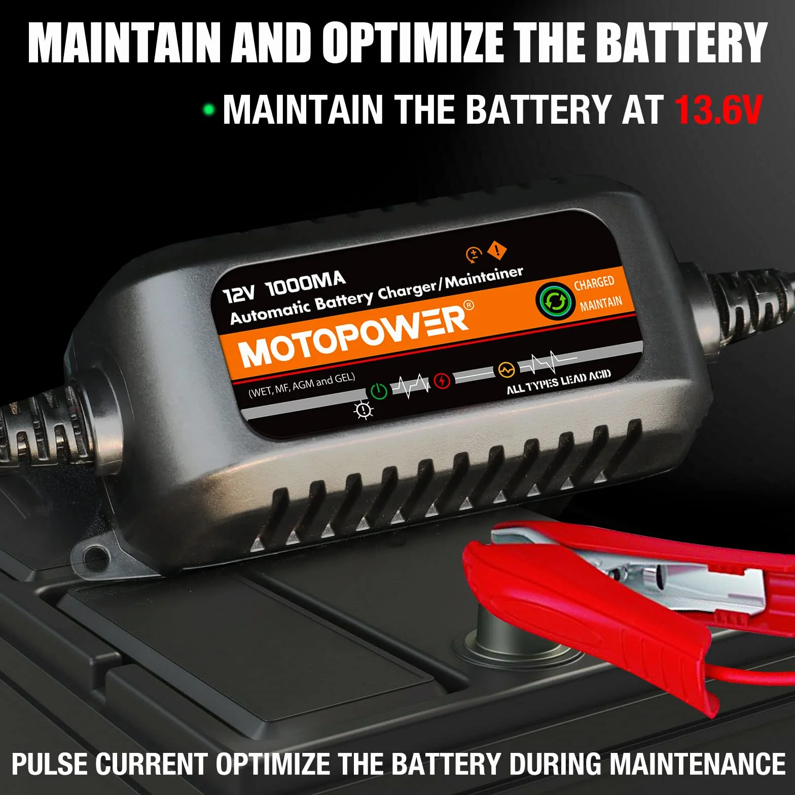 MOTOPOWER MP00205B 12V 1000mA W pełni automatyczna ładowarka/konserwator baterii - czarny