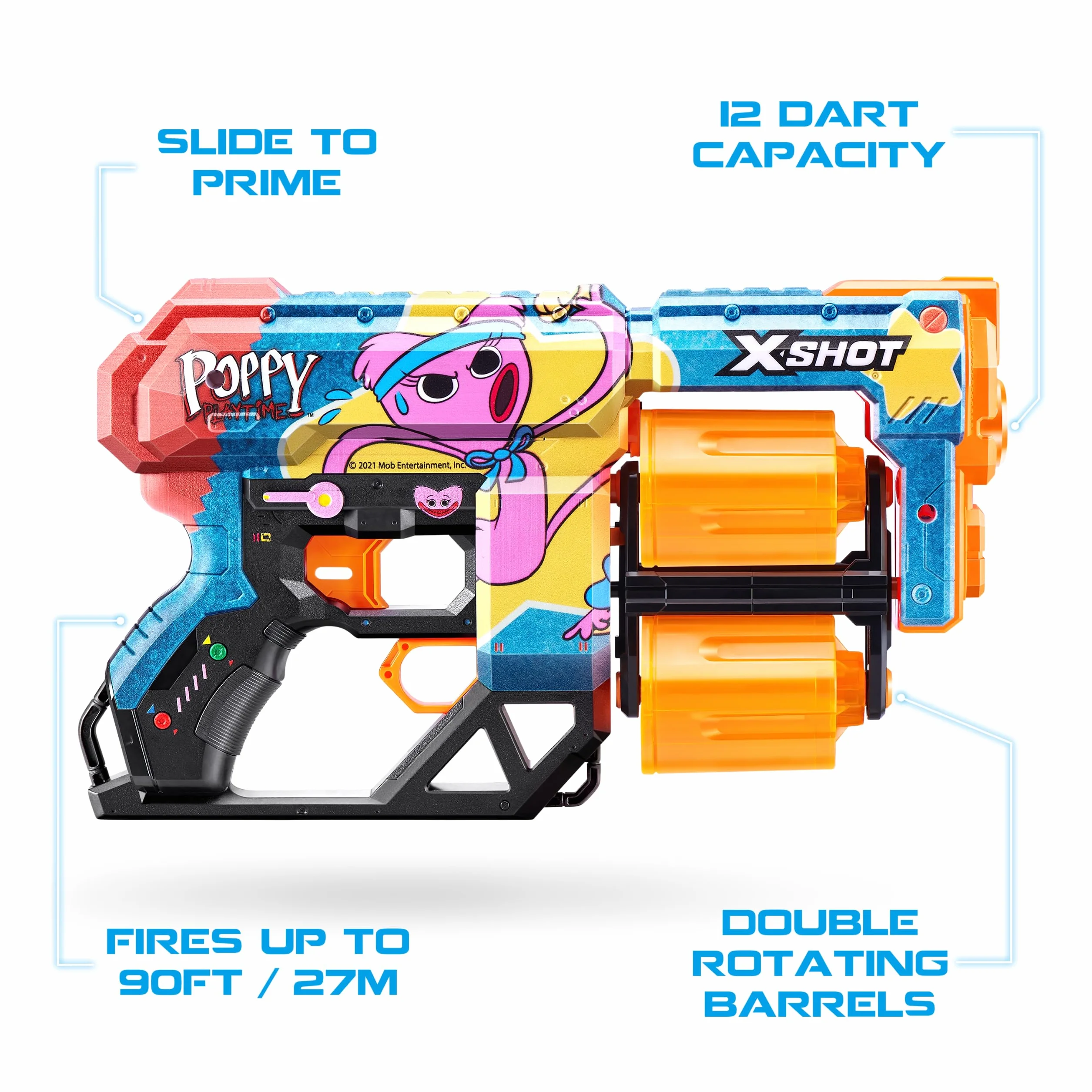X-Shot Skins Dread Blaster - Poppy Playtime (Kissy) marki ZURU z 12 rzutkami, podwójna obrotowa beczka, technologia rzutek powietrznych, zabawka do piany dla dzieci, nastolatków i młodzieży