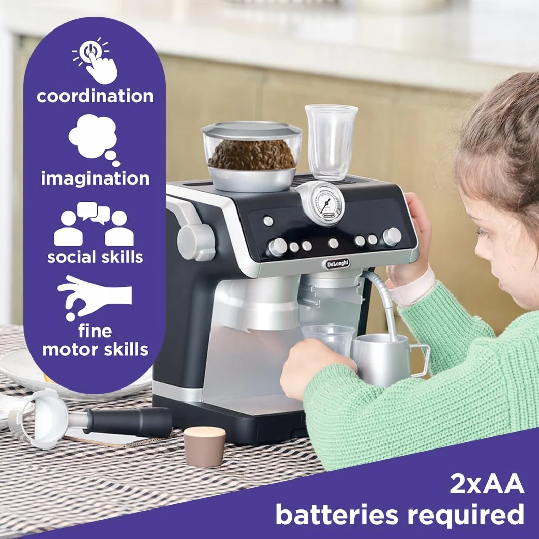 Casdon De'Longhi Toys. Barista ekspres do kawy, zabawkowy zestaw kuchenny dla dzieci z ruchomymi częściami, realistyczne dźwięki i magiczne ujawnienie kawy, dla dzieci w wieku od 3 lat, srebrny
