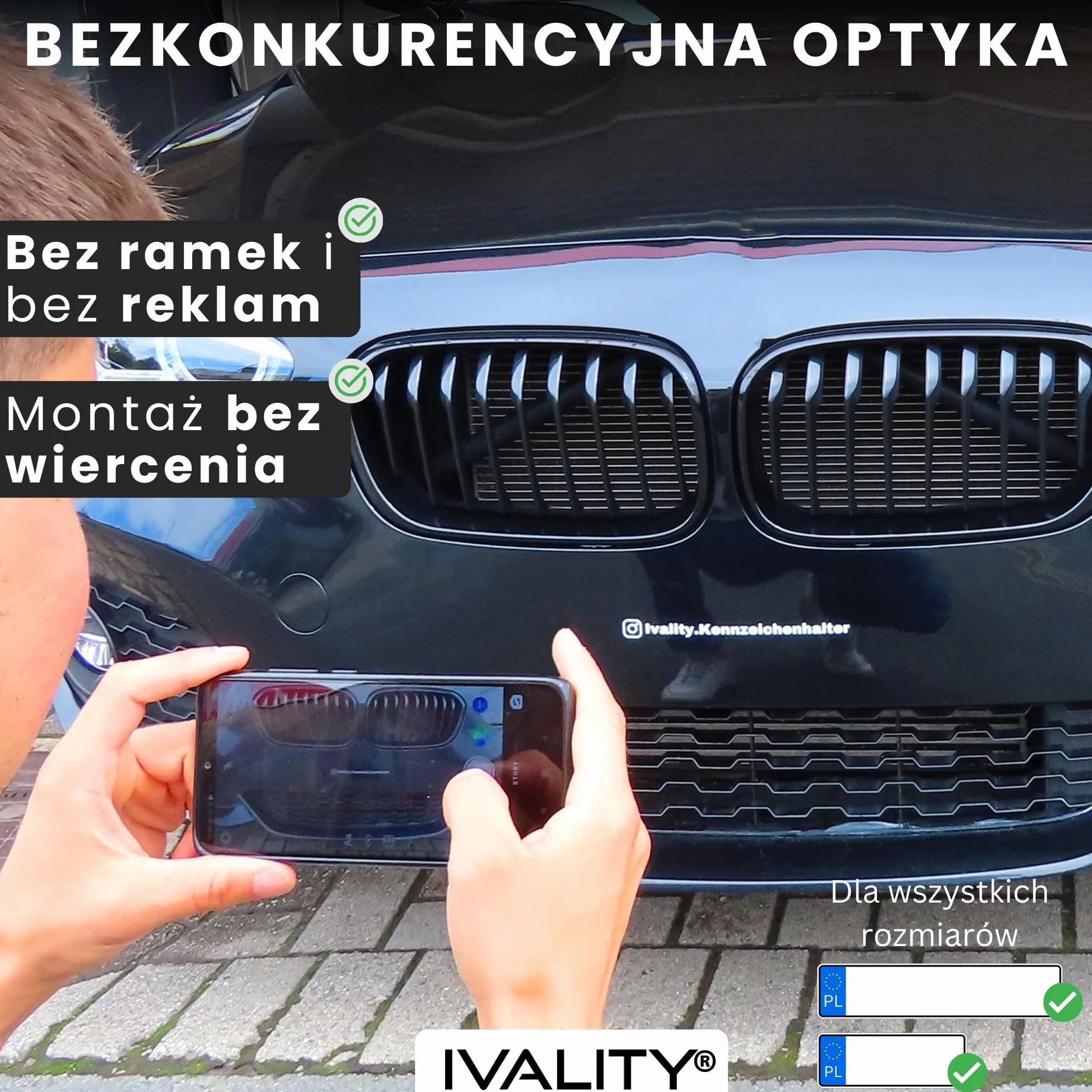 IVALITY® 1x Niewidoczny uchwyt na tablicę rejestracyjną z magnesem | Bezramkowy uchwyt na tablicę rejestracyjną z magnesem | Do polskich tablic rejestracyjnych