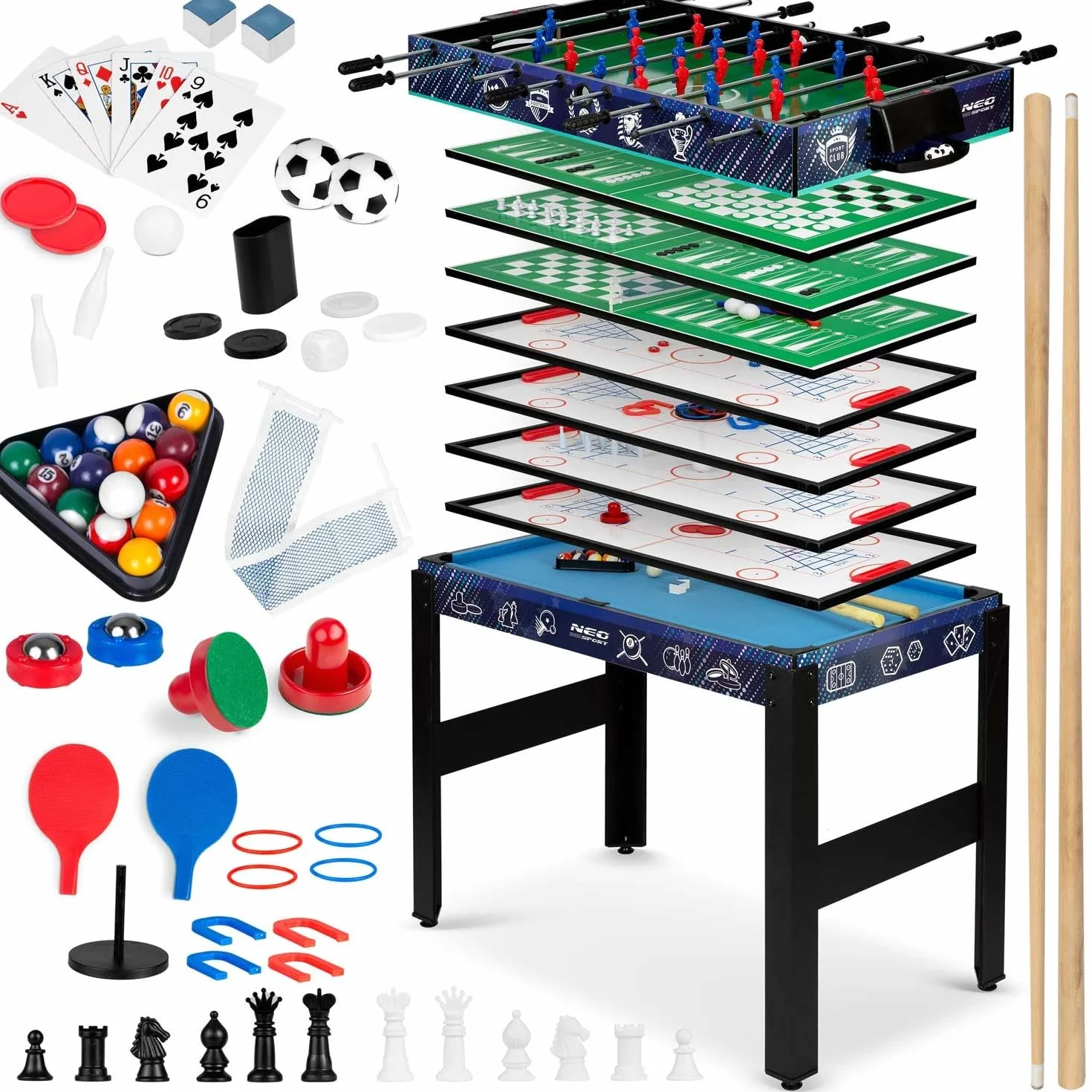 Multi stół do gier 12w1, piłkarzyki, ping-pong, cymbergaj, bilard, warcaby, kręgle, szachy, karty, 106 x 59 x 90 cm, Neo-Sport