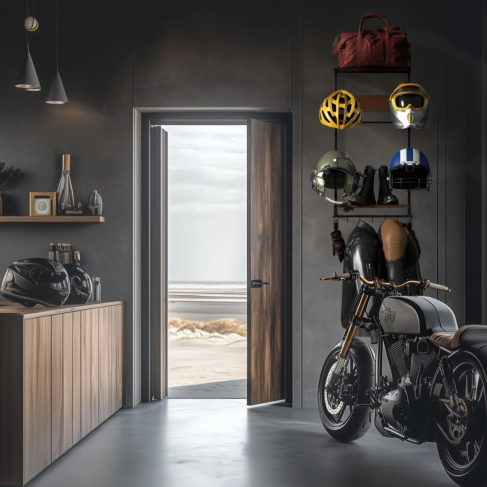 Mocowanie na kask motocyklowy CASDUCT Zestaw mocowania na kask motocyklowy do ściany, zestaw 4 sztuki, mocowanie na blat stołu z 2-warstwowa deskami drewnianymi, uchwyt na kask motocyklowy z