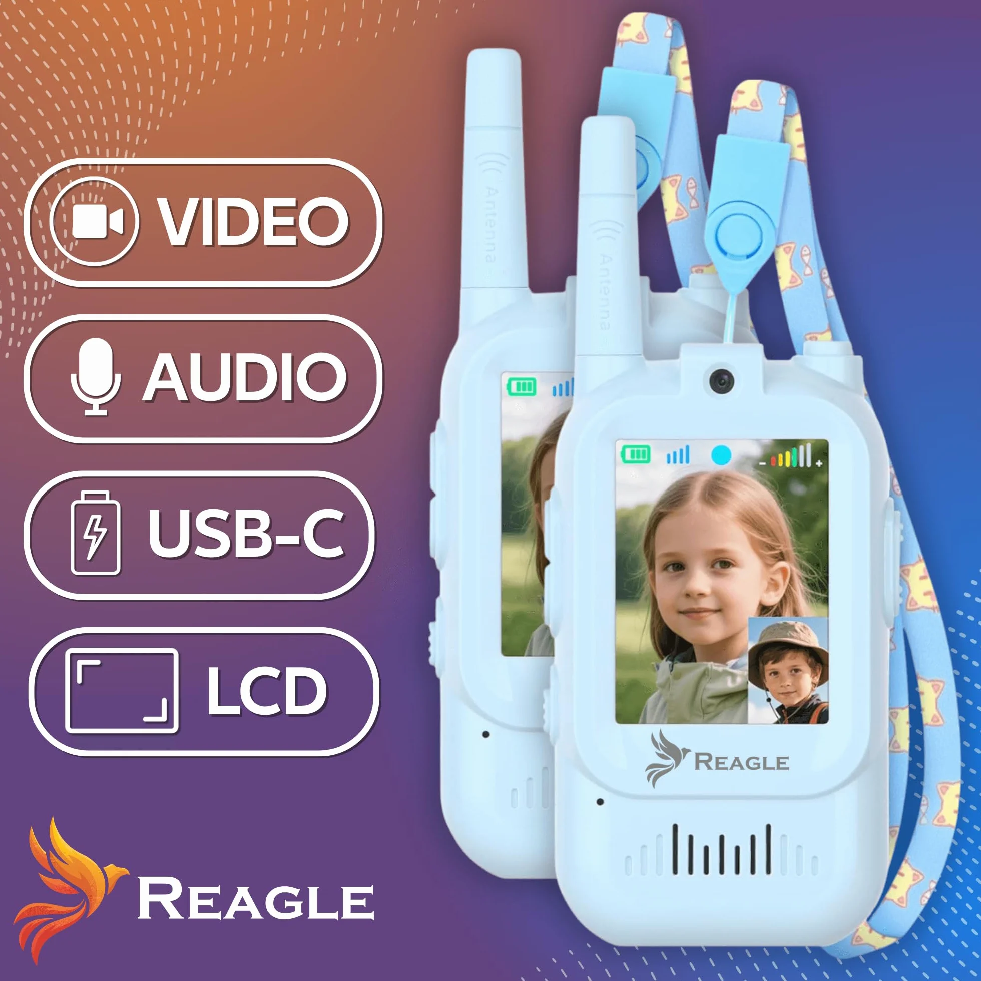 Reagle Krótkofalówka dla dzieci 2 szt. z Ekranem Video i Zmianą Głosu, Walkie Talkie USB-C Zasięg do 300 m Przesyłanie Zdjęć, Zabawka ŁOKI TOKI Prezent dla chłopca dziewczynki