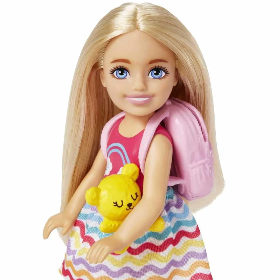 Barbie Chelsea Small Doll & 6 Accessories, Travel Set with Puppy, Pet Carrier & Backpack that Opens & Closes, Blonde Hair, HJY17