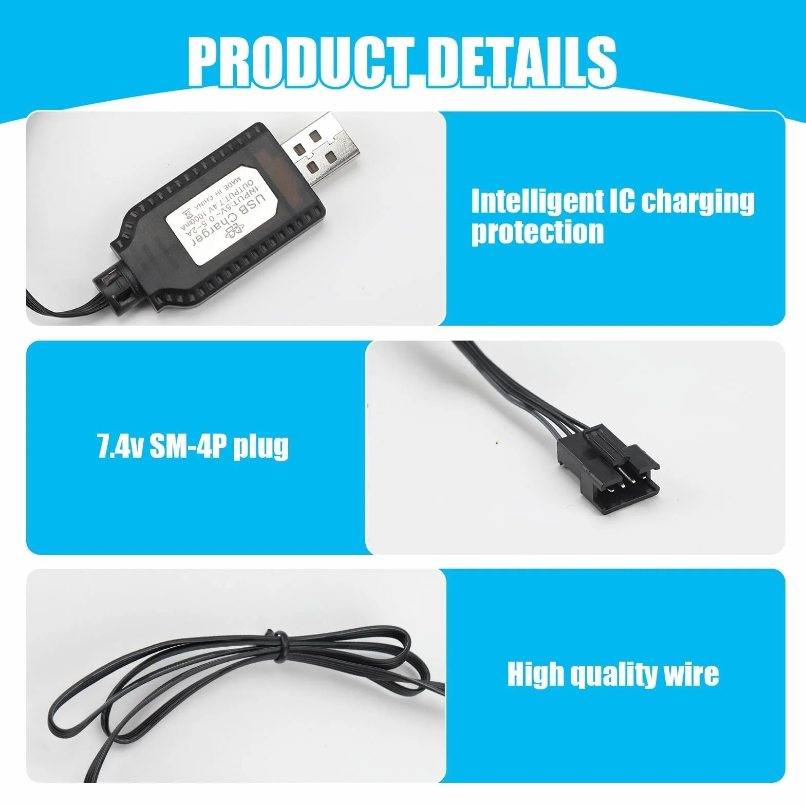 Kabel USB do ładowania RC Ładowarka uniwersalna z wtyczką SM-4P do akumulatora 2S 7,4 V LiPo kompatybilny z samochodem RC / samochodem / samolotem / dronem / RC i innymi zdalnie sterowanymi zabawkami
