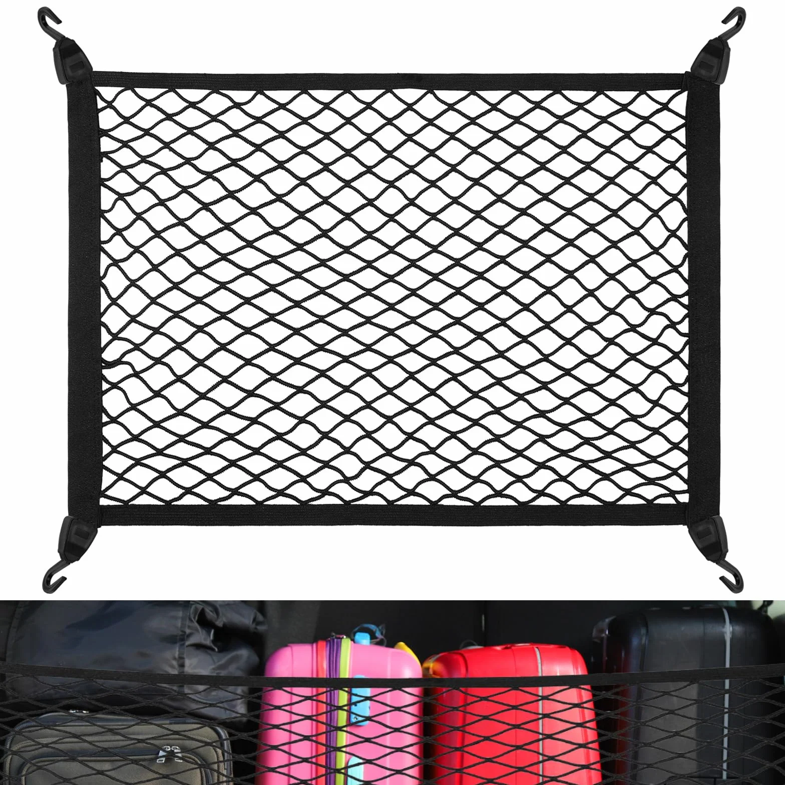 Siatka cargo 60 x 40 cm nylonowy organizer bagażowy do bagażnika samochodowego 4 haczyki czarna