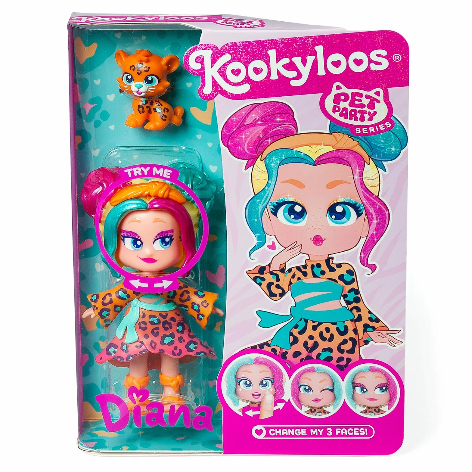 KOOKYLOOS Pet Party DIANA– Kolekcjonerska laleczka Diana ze swoim lampartem. Zawiera laleczkę Kookyloos Diana, 1 zwierzaka, modny strój, buty oraz akcesorium. 1 laleczka, 3 różne minki!
