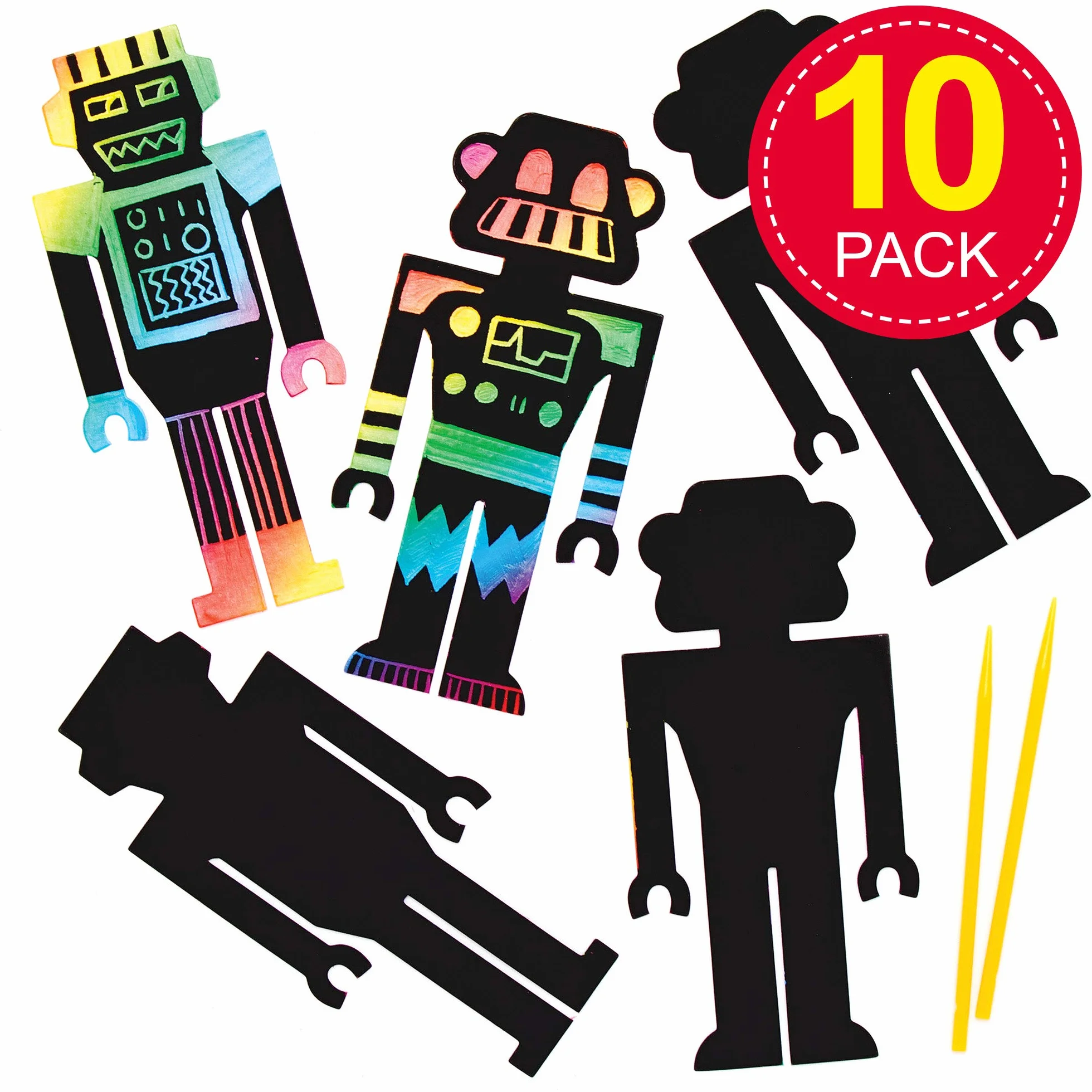 Baker Ross AT682 Robot Scratch Art Zakładki - Opakowanie 10 sztuk, tęczowy papier do zdrapywania z rysikiem dla dzieci do dekoracji w sztuce i rękodziele