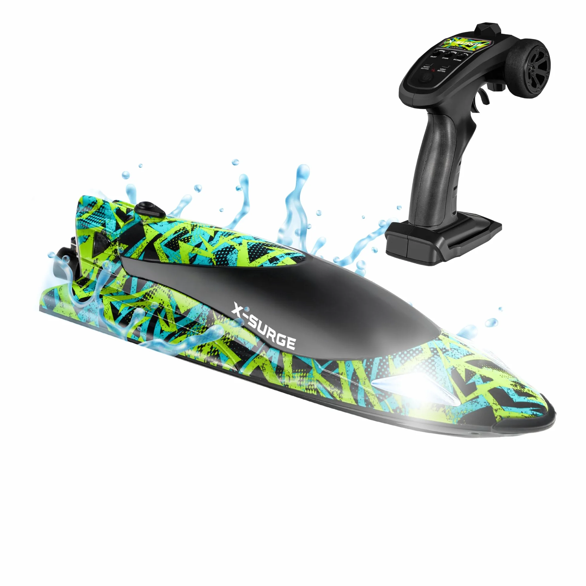 OVERMAX X-SURGE Zdalnie Sterowana Łódź Wyścigowa RC Motorówka ze Światłem LED 35 km/h Baterie 1200 mAh 30 min Zabawy Regulacja Prędkości Zasięg do 100 m, Zabawka na Basen i Jeziora