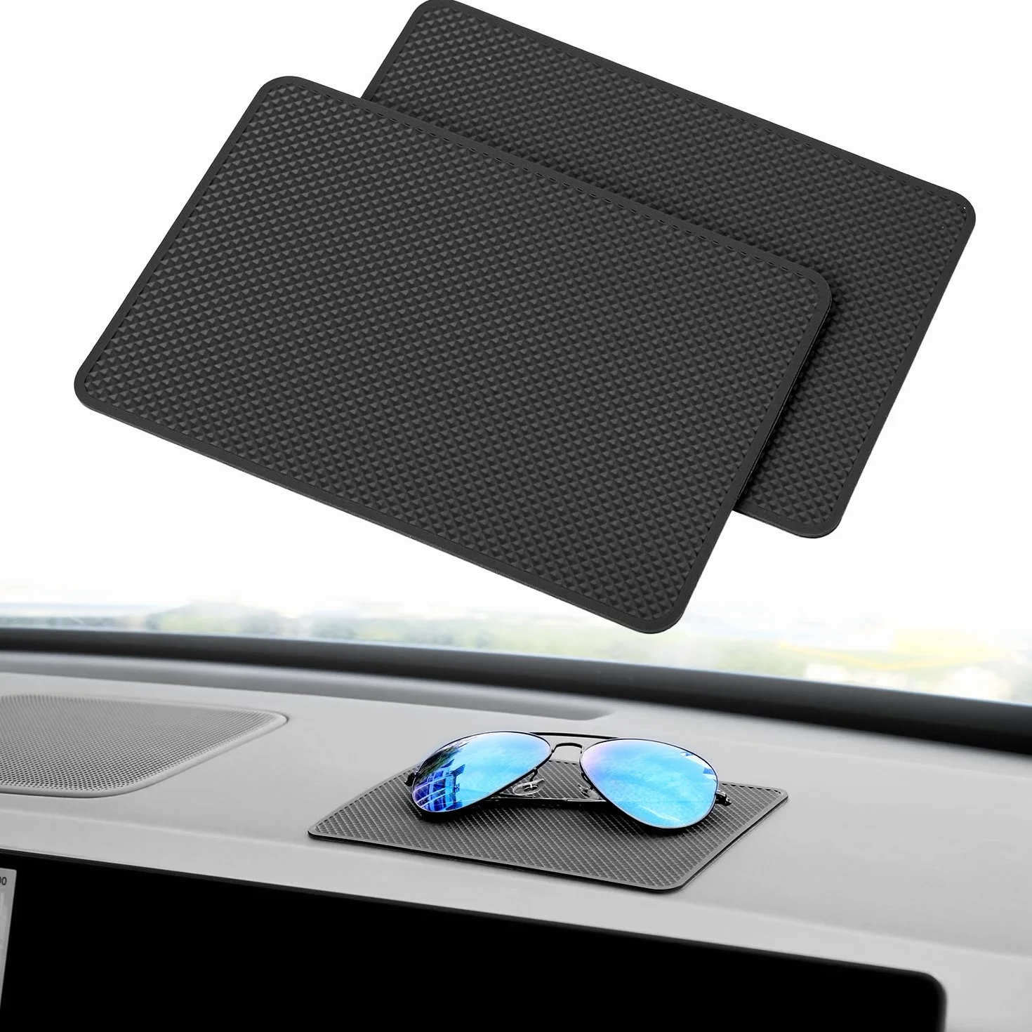 QWORK® 2 Pack Mata antypoślizgowa na deskę rozdzielczą - 18x13cm Wzór Romb PU Materiał - Wielofunkcyjna Mata antypoślizgowa na telefony, okulary przeciwsłoneczne, klucze i więcej