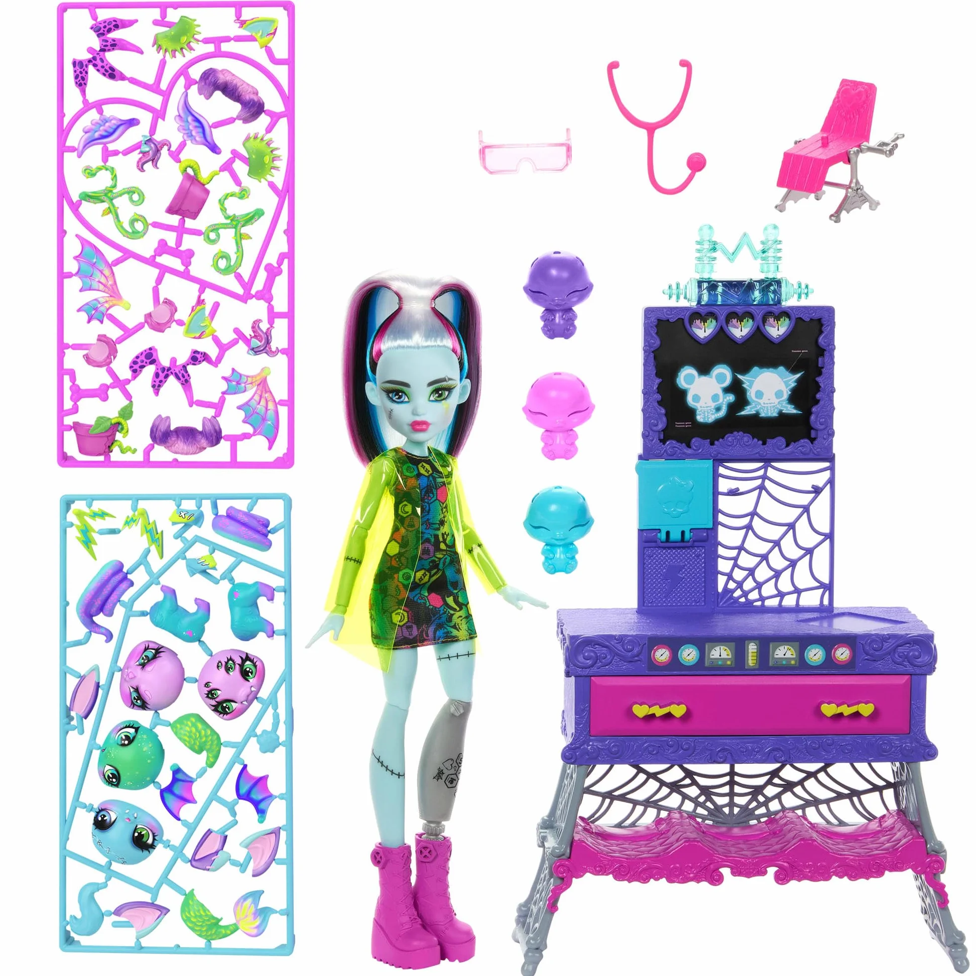 Monster High Make-A-Monster Stwórz pupila Zestaw do zabawy: lalka Frankie Stein i ponad 30 akcesoriów do tworzenia niezliczonych kombinacji zwierzątek, zabawka dla dzieci, JBF18