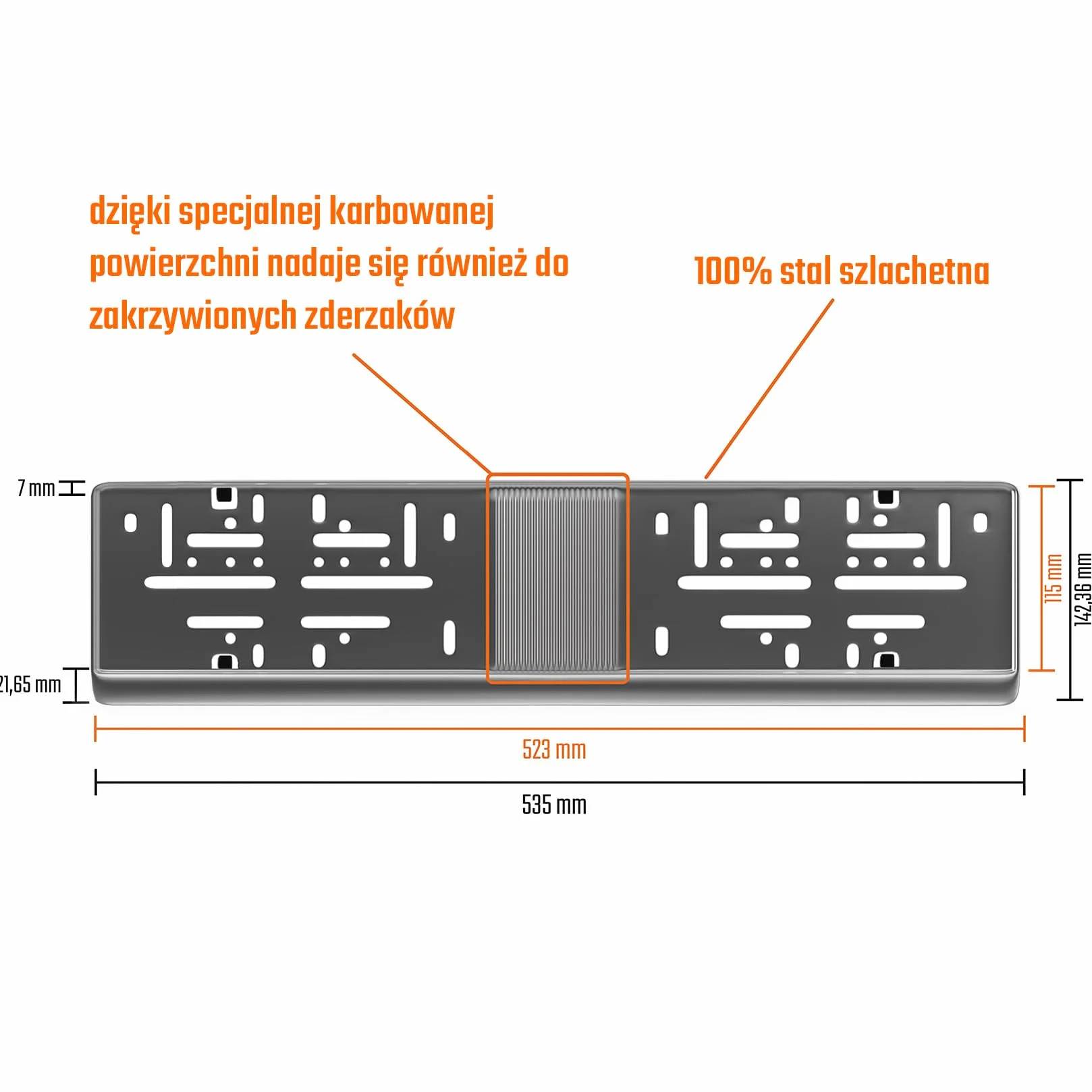 Uchwyt tablicy rejestracyjnej stal nierdzewna polerowana 520x110 mm 2x Ramka do tablic rejestracyjnych PL