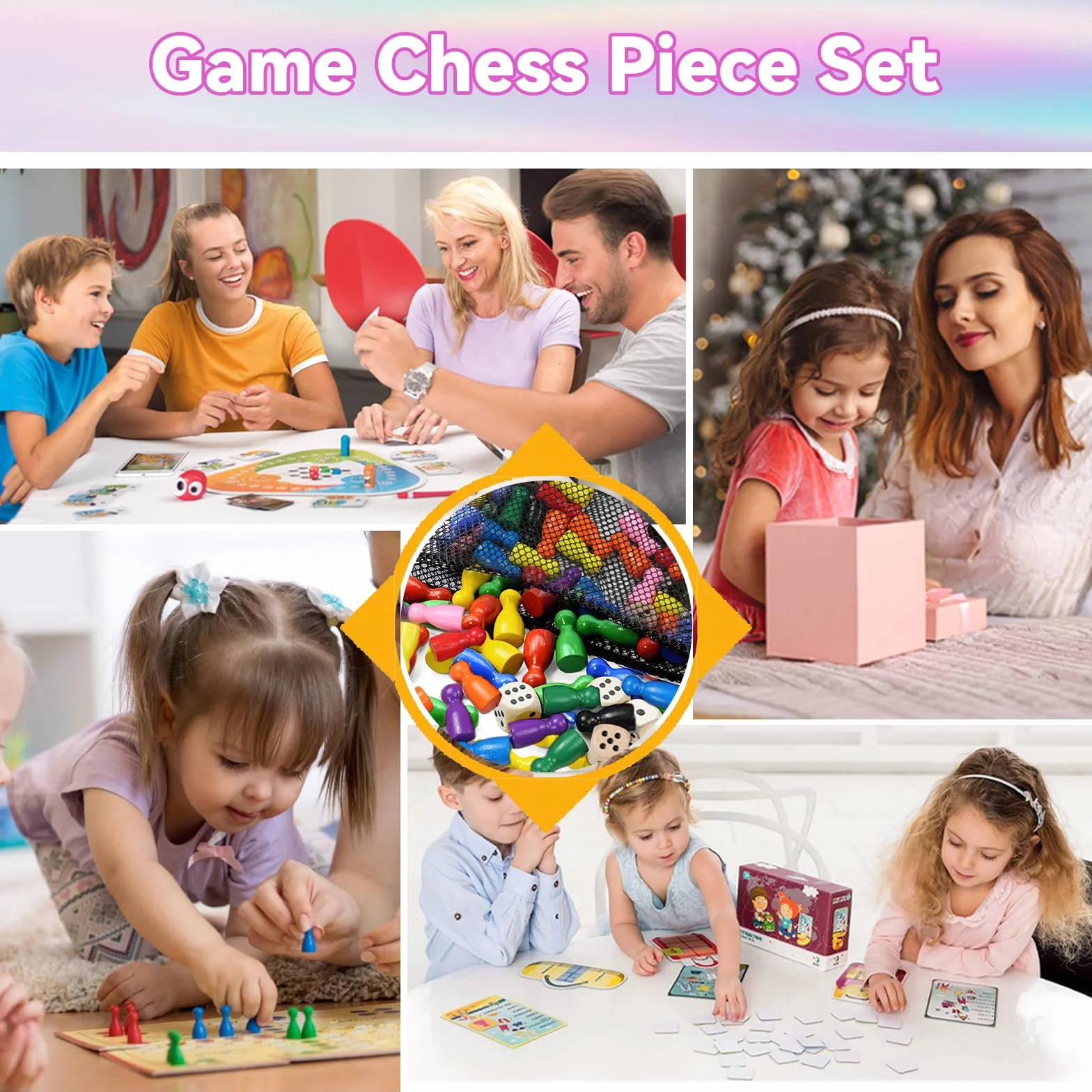 80 sztuk pionków do gier stołowych, 25 x 12 mm wielokolorowe drewniane pionki z 6 kawałkami kostek, akcesoria do gier planszowych, dla rodzin i na imprezę (wielokolorowe)