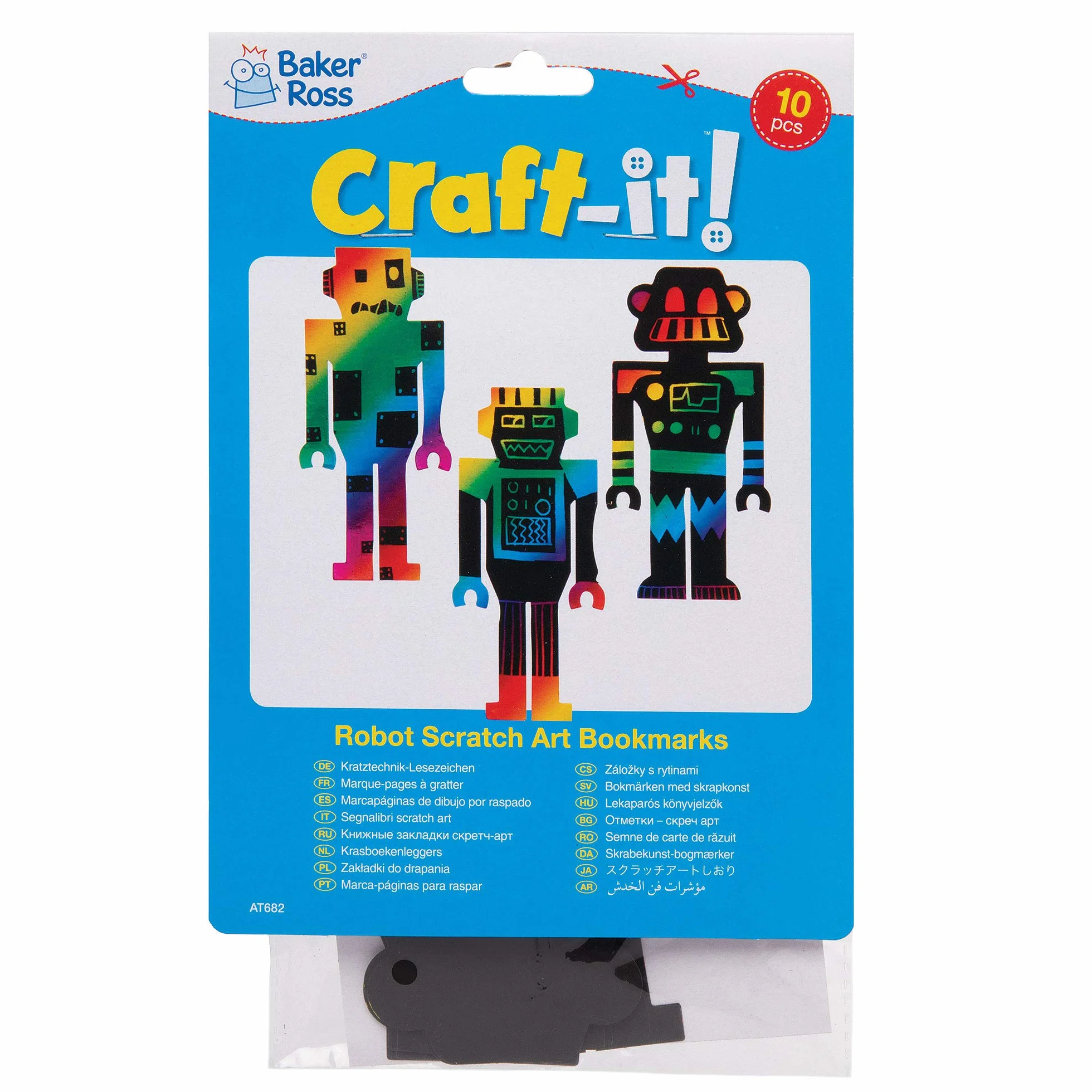 Baker Ross AT682 Robot Scratch Art Zakładki - Opakowanie 10 sztuk, tęczowy papier do zdrapywania z rysikiem dla dzieci do dekoracji w sztuce i rękodziele