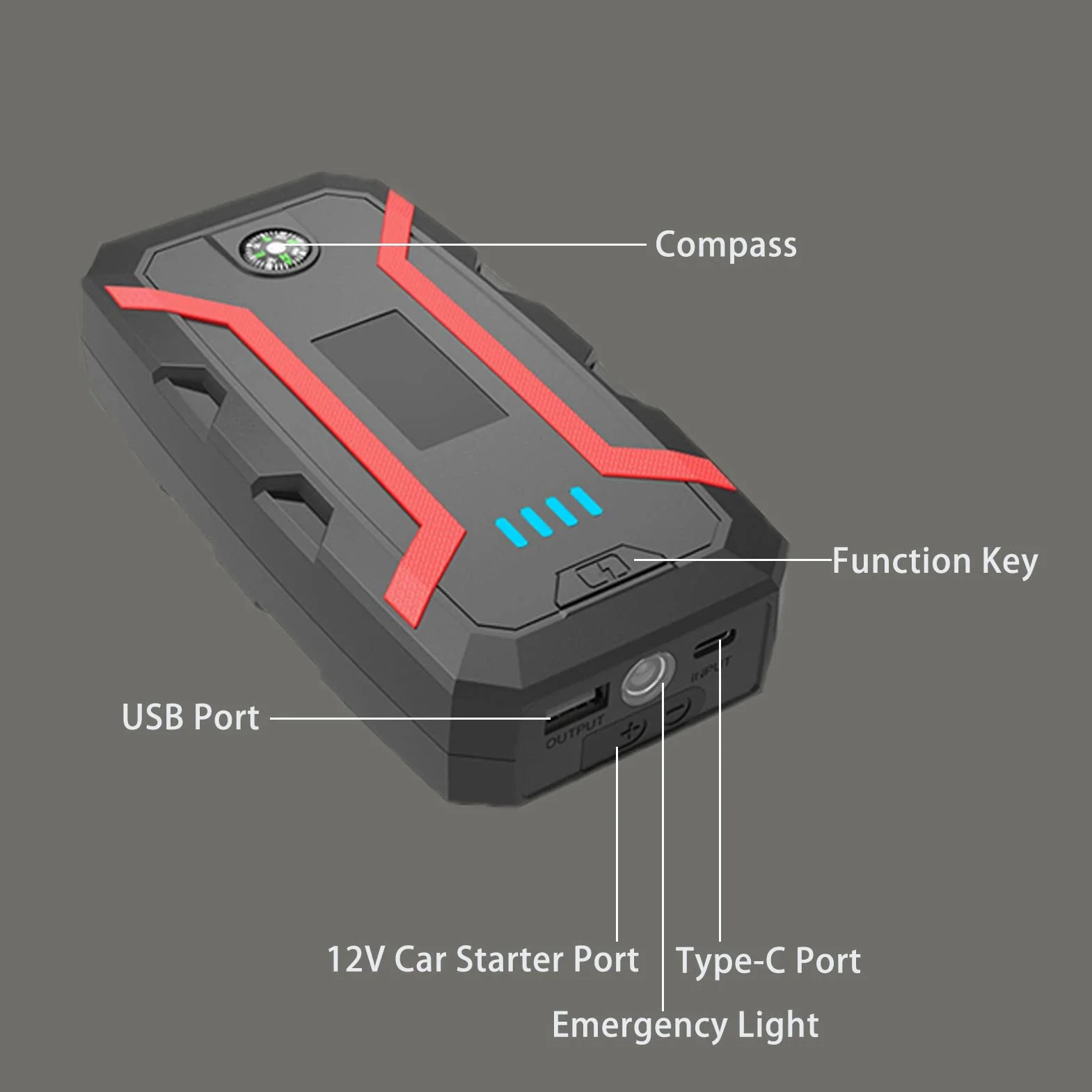 Rozrusznik Samochodowy, 1500A 12000 MAh Przenośny Rozrusznik Samochodowy do 7,2 L Gazu, 5,5 L Silnik Wysokoprężny, 12 V Wzmacniacz Akumulatora Samochodowego z kompasową lampką LED