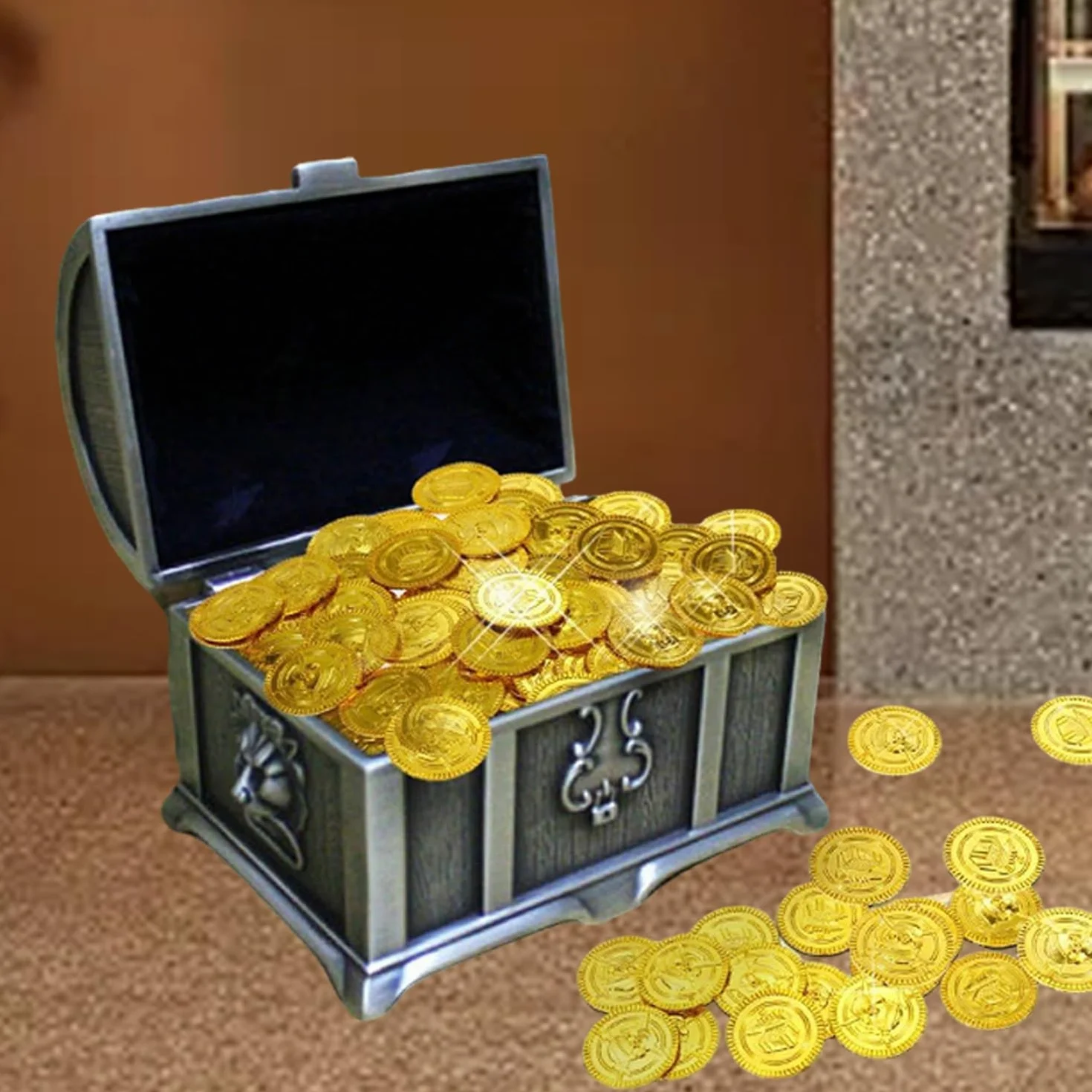 Piracki skarb złotych monet, piratów, złote monety, pieniądze do zabawy, na urodziny dziecka, złote monety, zabawka upominek z okazji urodzin dziecka (50)