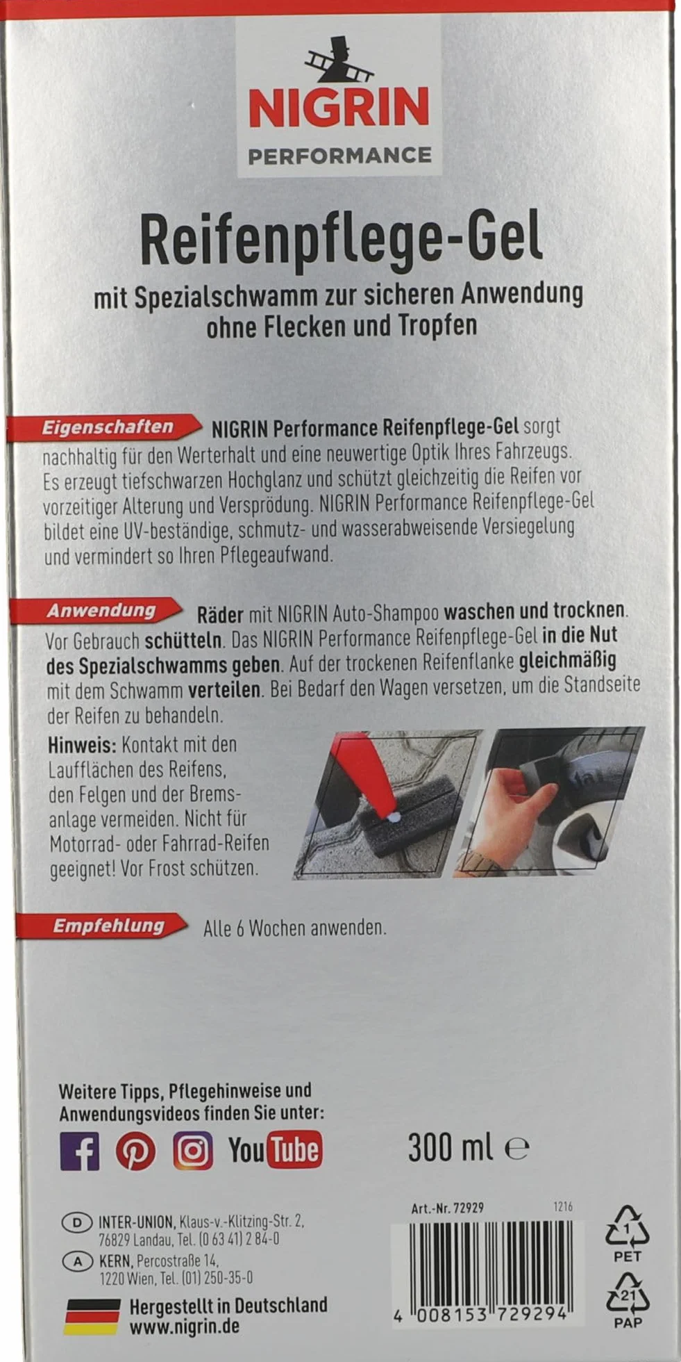 NIGRIN Żel do opon 300 ml chroni przed UV brudem solą z gąbką nakładania