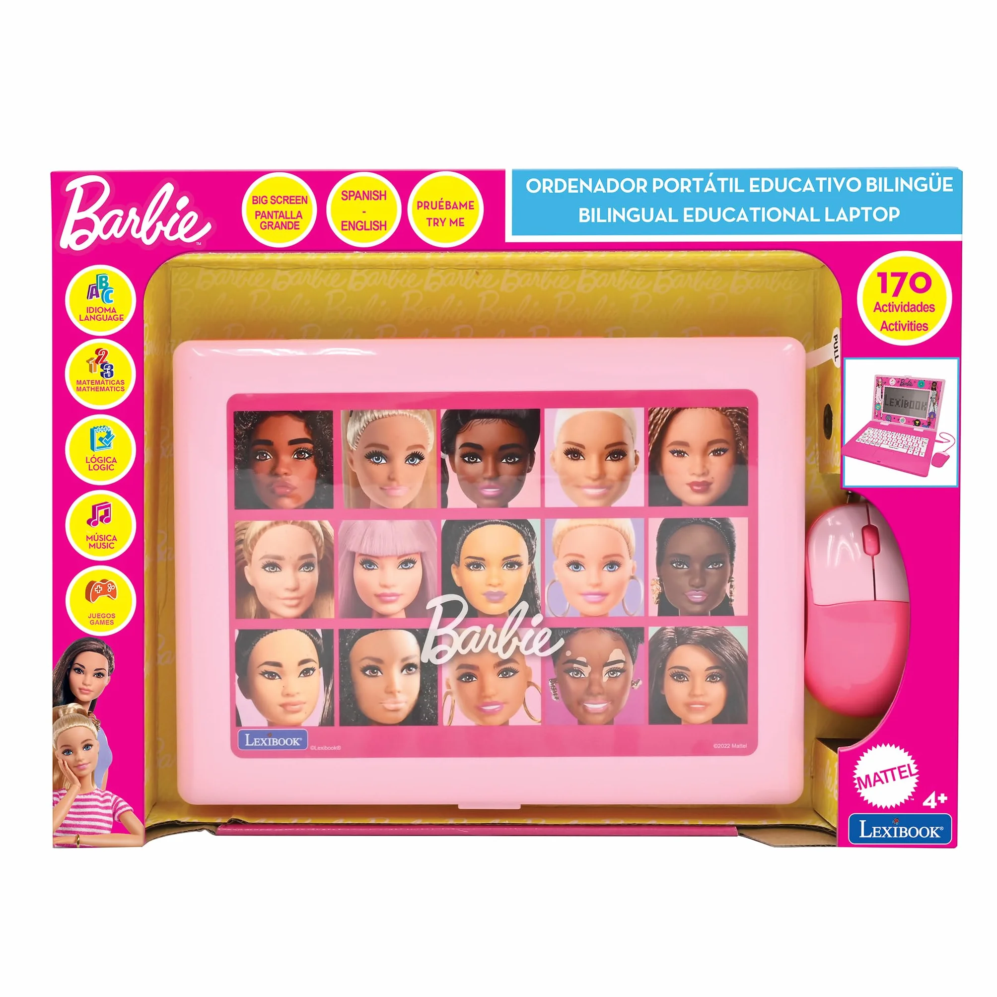 Lexibook, Barbie, dwujęzyczny i edukacyjny laptop hiszpański/angielski, zabawka dla dzieci, 170 zajęć do nauki, gry i muzyki, duży ekran, różowy, JC599BBi2