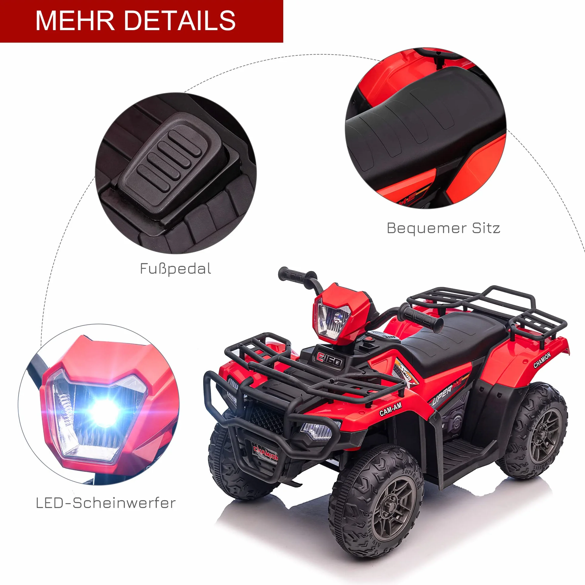 HOMCOM Elektryczny quad dziecięcy, elektryczny quad z diodami LED i muzyką, samochód elektryczny, pojazd dziecięcy dla dzieci od 3 lat, czarny + czerwony, 88 x 45 x 50 cm