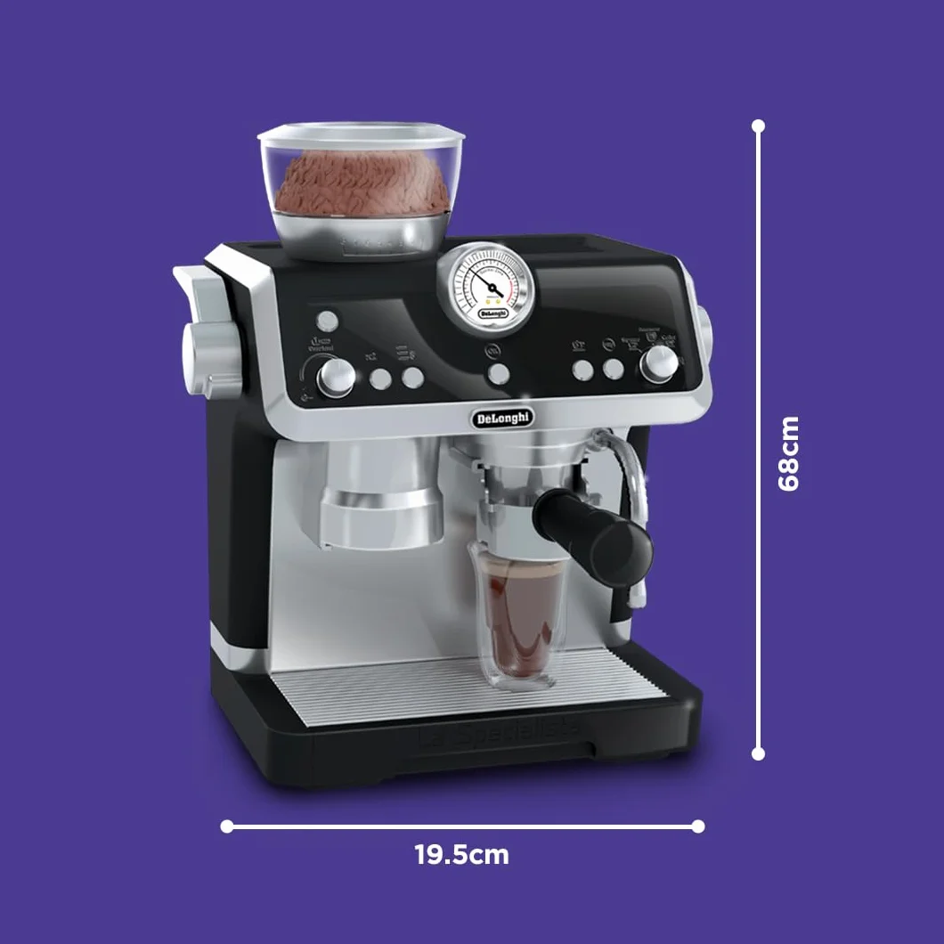 Casdon De'Longhi Toys. Barista ekspres do kawy, zabawkowy zestaw kuchenny dla dzieci z ruchomymi częściami, realistyczne dźwięki i magiczne ujawnienie kawy, dla dzieci w wieku od 3 lat, srebrny
