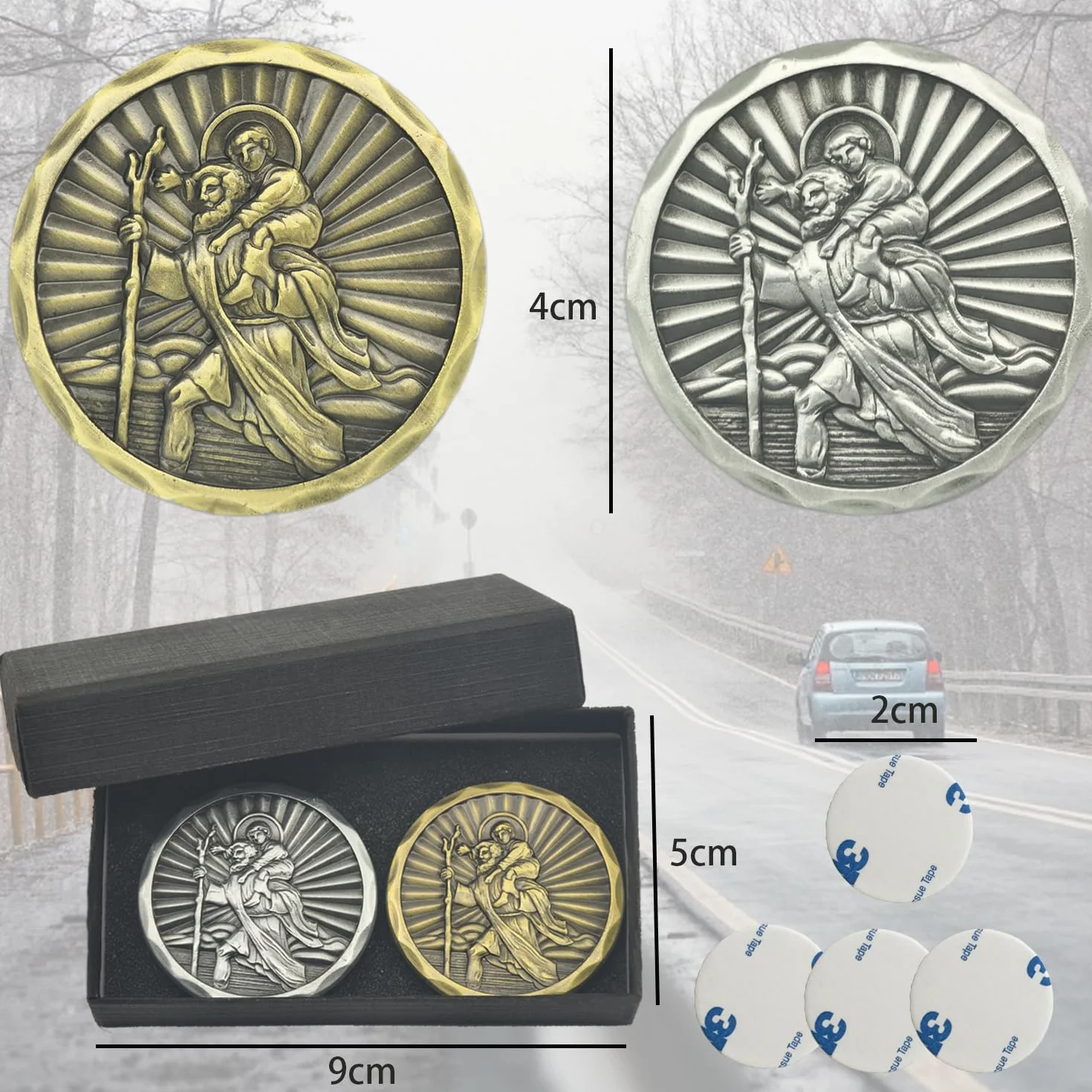 Plakietki samochodowe Świętego Krzysztofa z magnesem i naklejkami - 2 sztuki