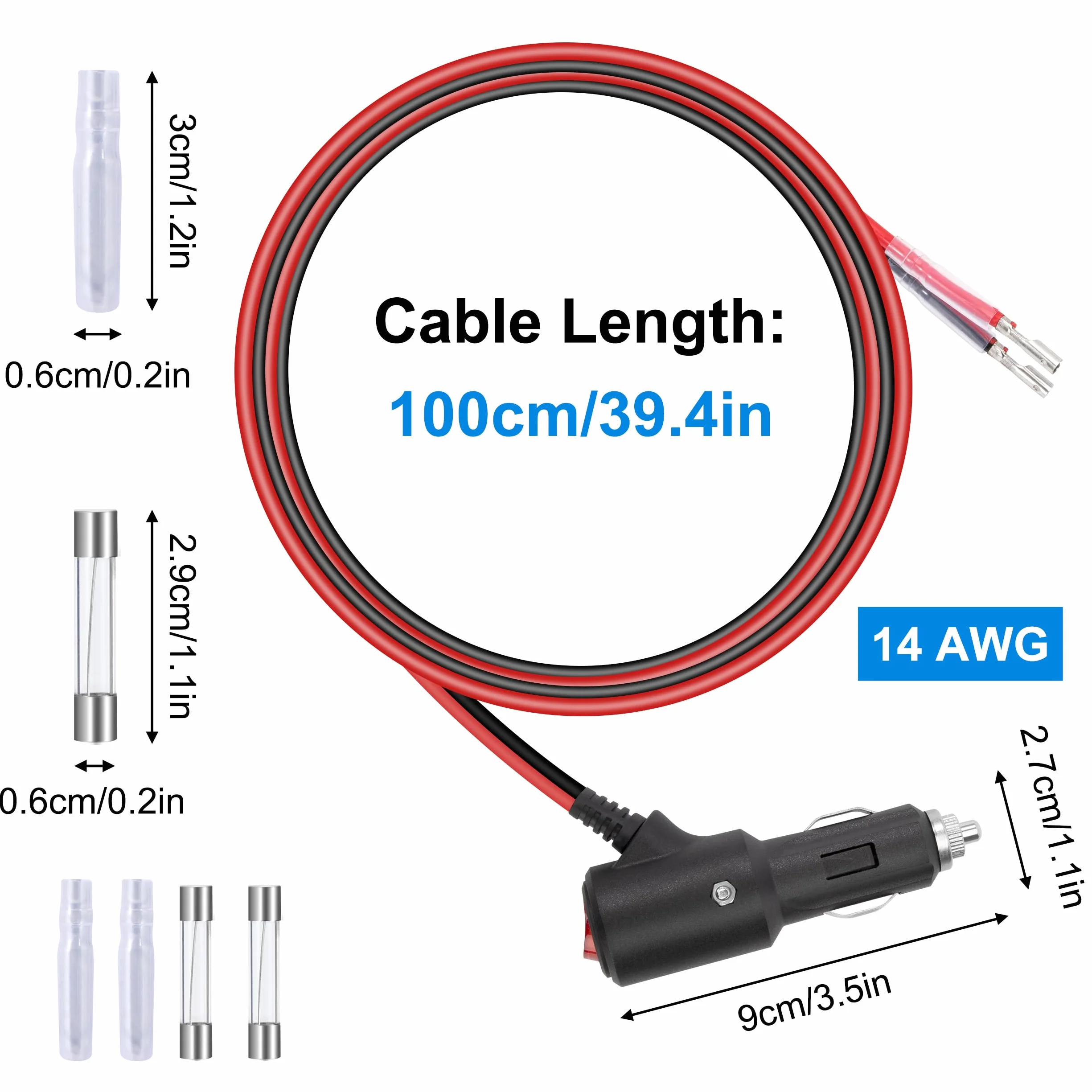 Wtyczka do zapalniczki samochodowej 12V/24V z przełącznikiem, przedłużacz 1m, 14 AWG, bezpiecznik 15A