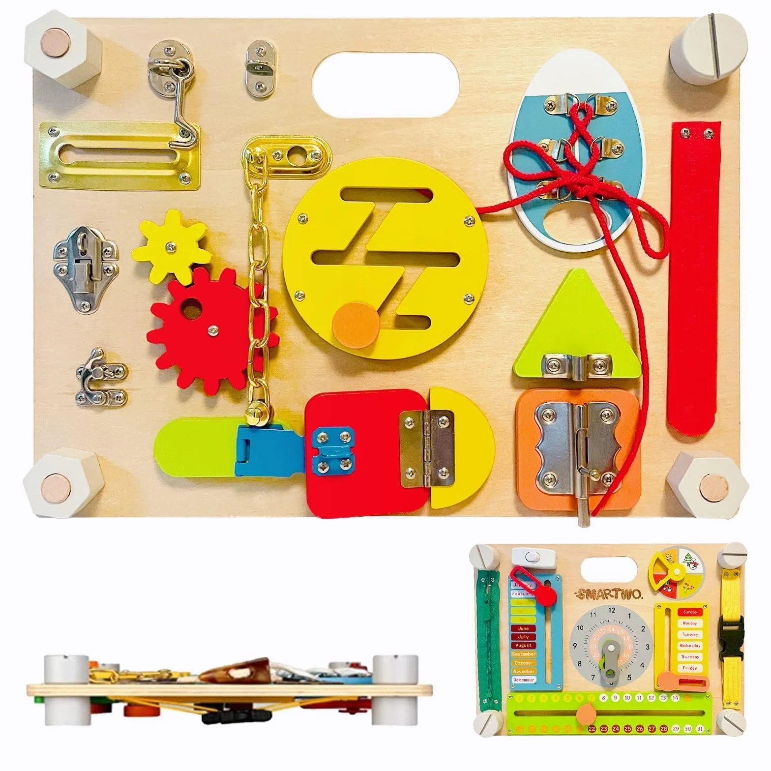 Drewniana tablica aktywności dla małych dzieci, zabawki Montessori dla dzieci w wieku 2, 3 i 4 lat, large double-sided wooden busy board, time learning, fine motor skill, early development