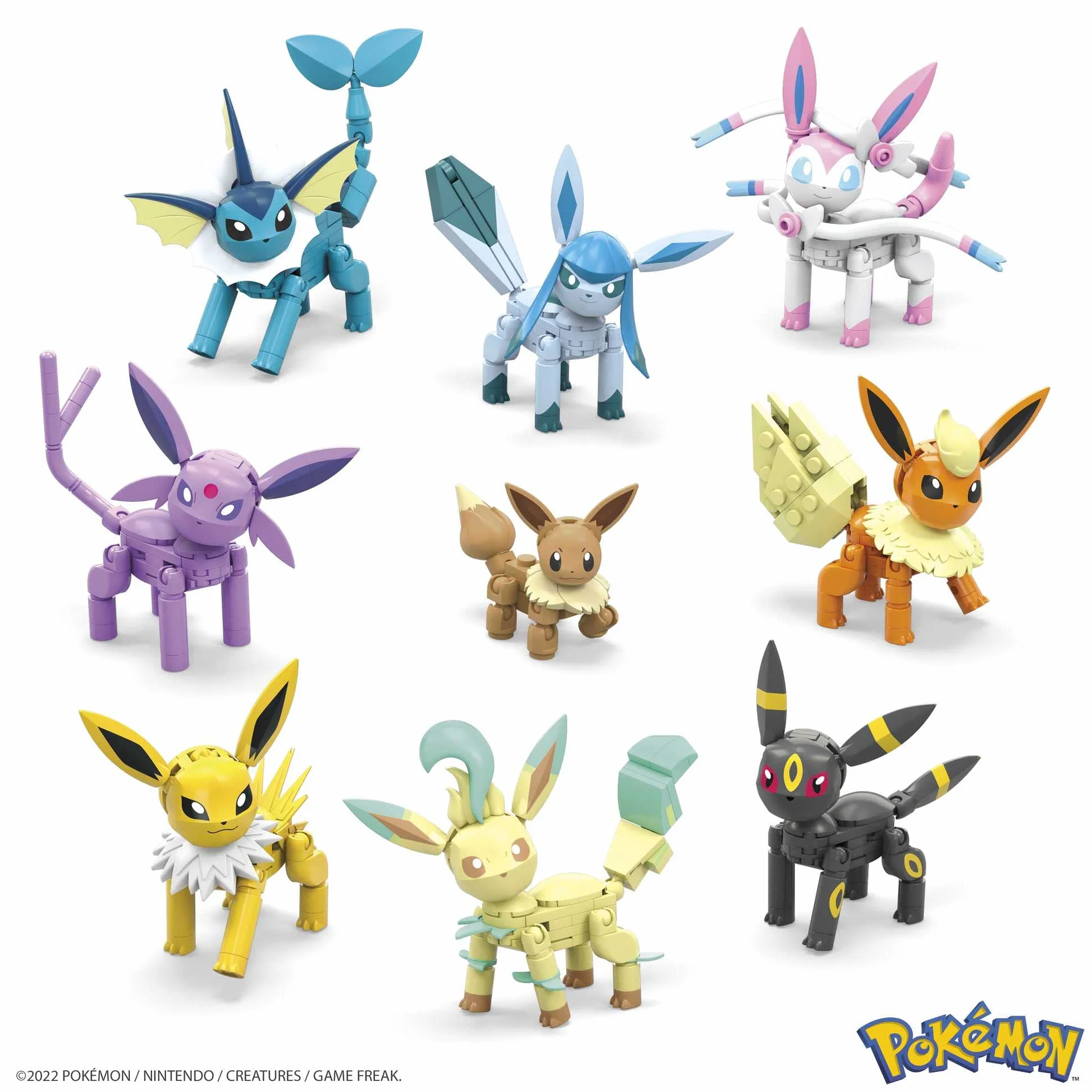MEGA Pokémon Wszystkie ewolucje Eevee, zestaw konstrukcyjny z figurkami Vaporeon, Jolteon, Flareon, Espeon, Umbreon, Leafeon, Glaceon, Sylveon, 470 elementów, dla dzieci od 6 roku życia, GFV85