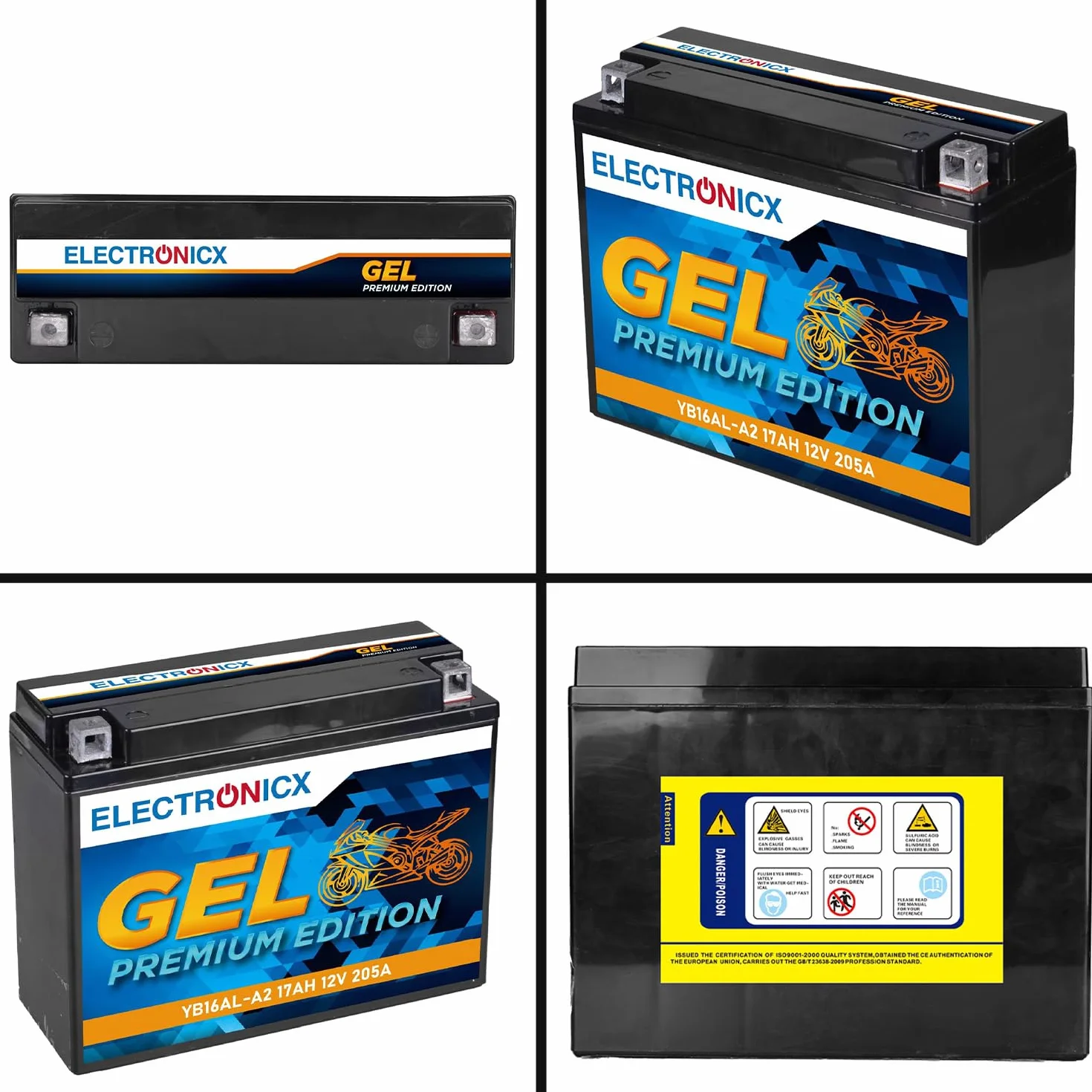 Electronicx GEL Żelowa bateria zapasowa – 17 Ah 12 V YB16AL-A2akumulator motocyklowy 12V 17Ah 205A – bezobsługowy, solidny- wysoka moc rozruchowa do motocykli, skuterów, quadów ATV – 206×70×162 mm