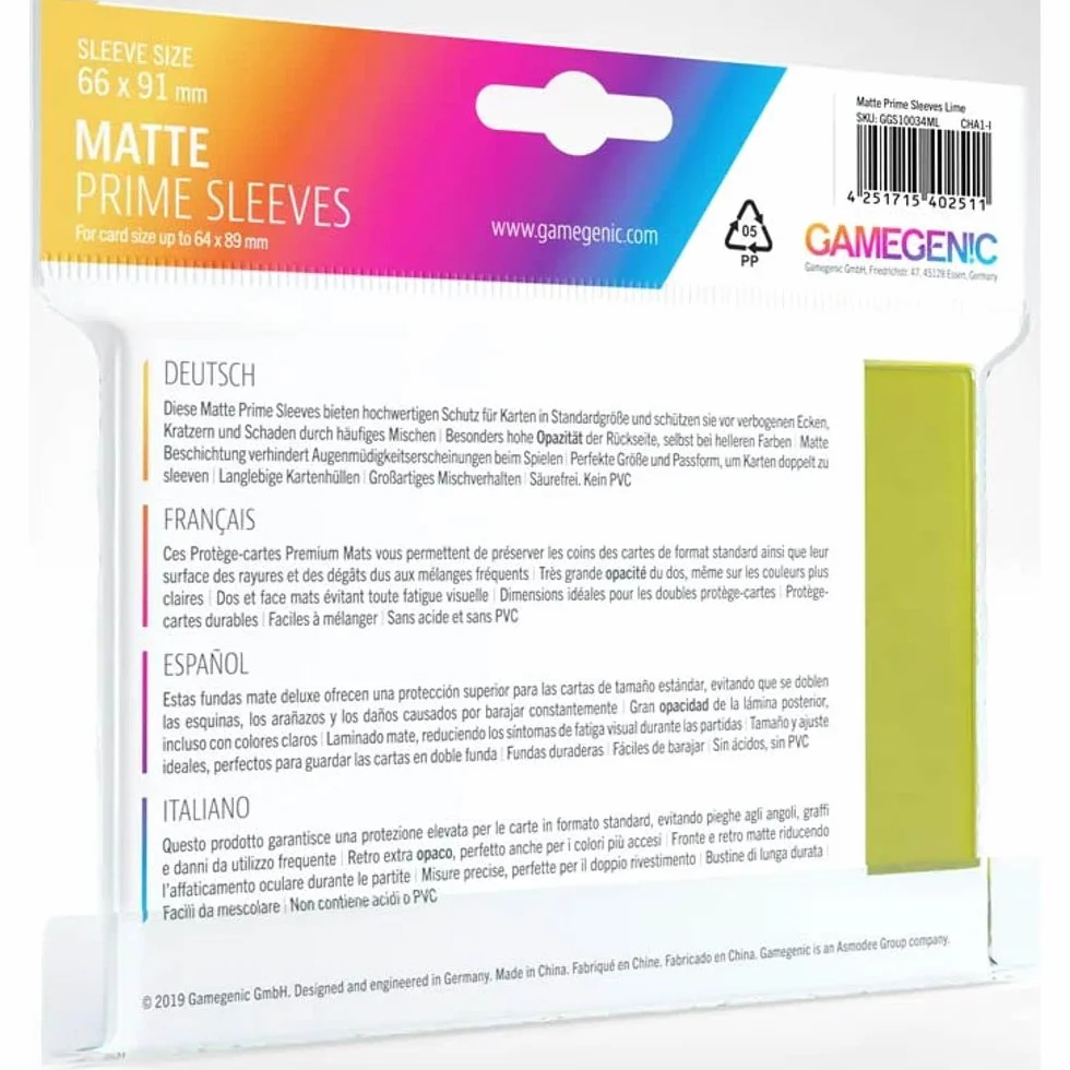 Gamegenic GGS11034ML Matte Prime Sleeves (100-Pack), Lime