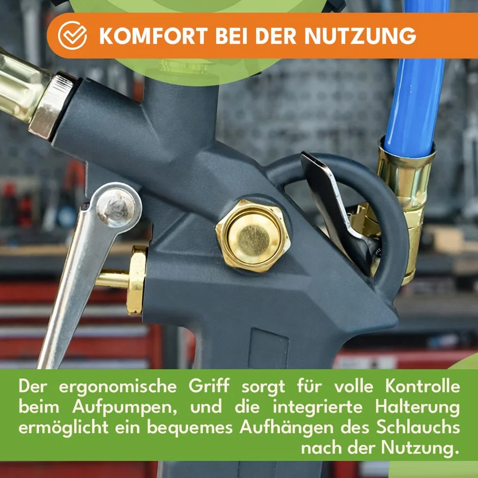 KRUMAD Cyfrowy ciśnieniomierz, pistolet pneumatyczny z wyświetlaczem LCD, zakres pomiaru manometru 0-16 bar, manometr sprężone powietrze, pistolet do pompowania opon z metalową obudową, kompresor