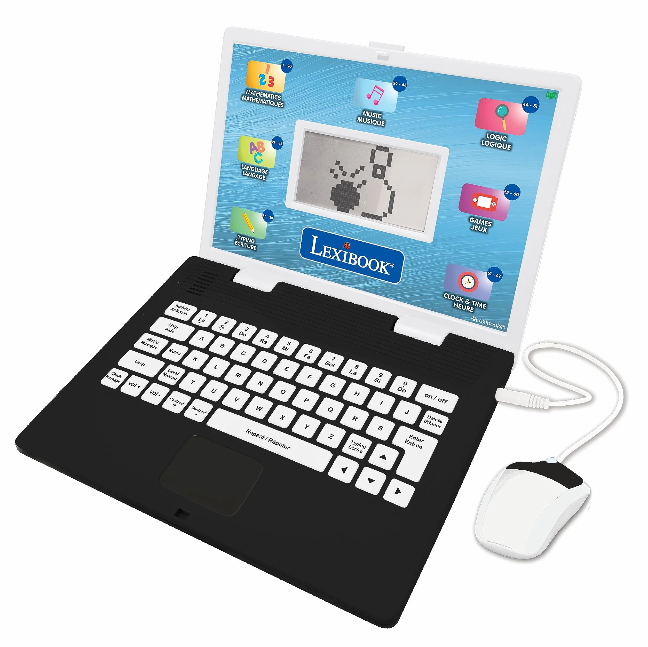 Lexibook, dwujęzyczny laptop edukacyjny, 124 zajęcia językowe, pisanie, matematyka, logika, muzyka i gry, chłopcy i dziewczęta, JC498i1, średni
