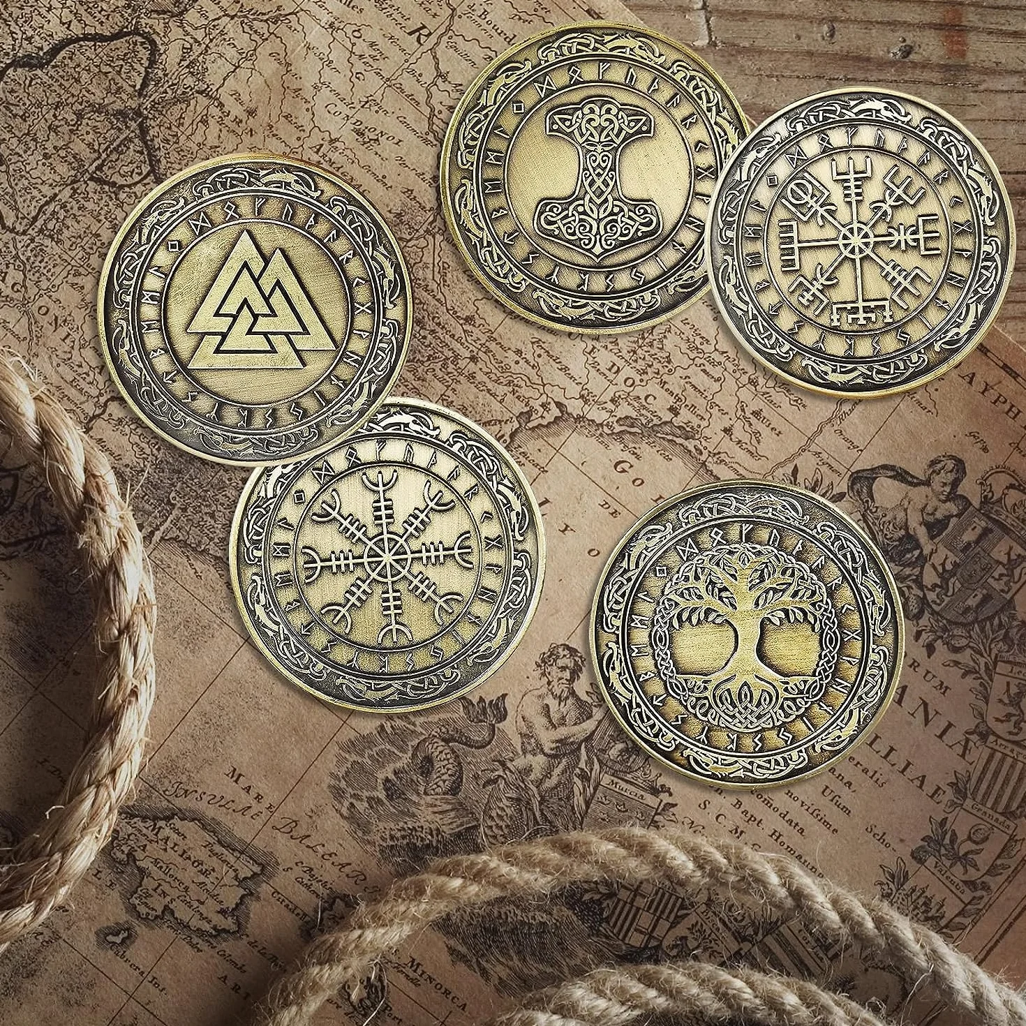Norse Viking Mjolnir Coin Młot Thora, Coin Mitologia nordycka, talizman (Valknut Coin (Knot of the Slain Warrior))