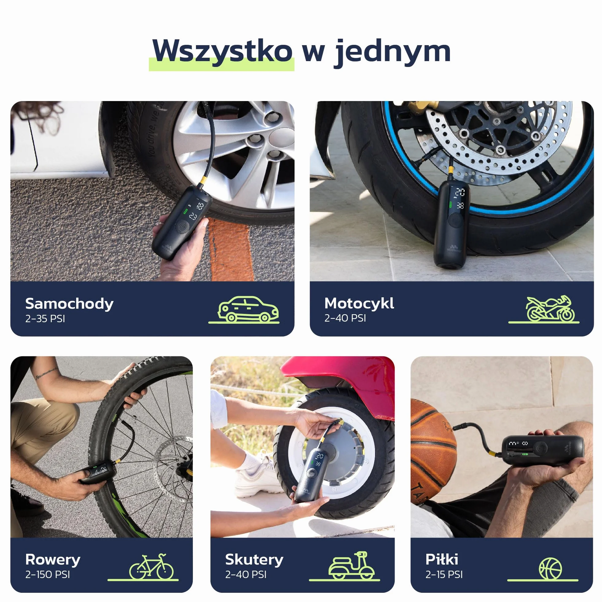 Woowind LP1 Przenośna Sprężarka Powietrza 150 PSI/10.3 BAR, Automatyczne Wyłączanie, Ładowanie USB, LED do Samochodów, Motocykli, Rowerów, Piłek, Adaptery Presta/Schrader