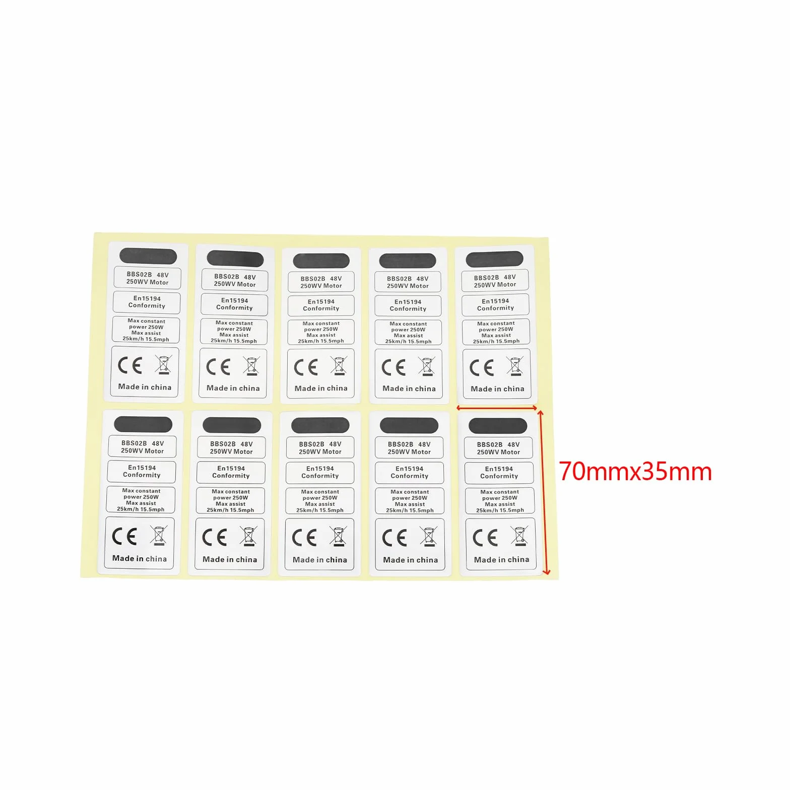 10 szt. naklejka na silnik z napędem środkowym 48V 250W wodoodporna naklejka decal na silnik 70x35mm etykiety CE silnika kompatybilne z BBS02B BBS01B