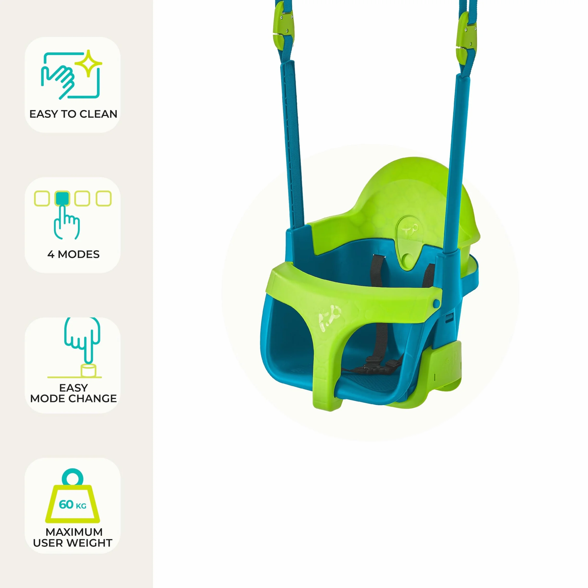 TP Toys TP900 miesięcy 4 w 1 regulowany fotel bujany dla dzieci od 6 moli do dzieci 8 lat, zielono-niebieski, rozmiar uniwersalny