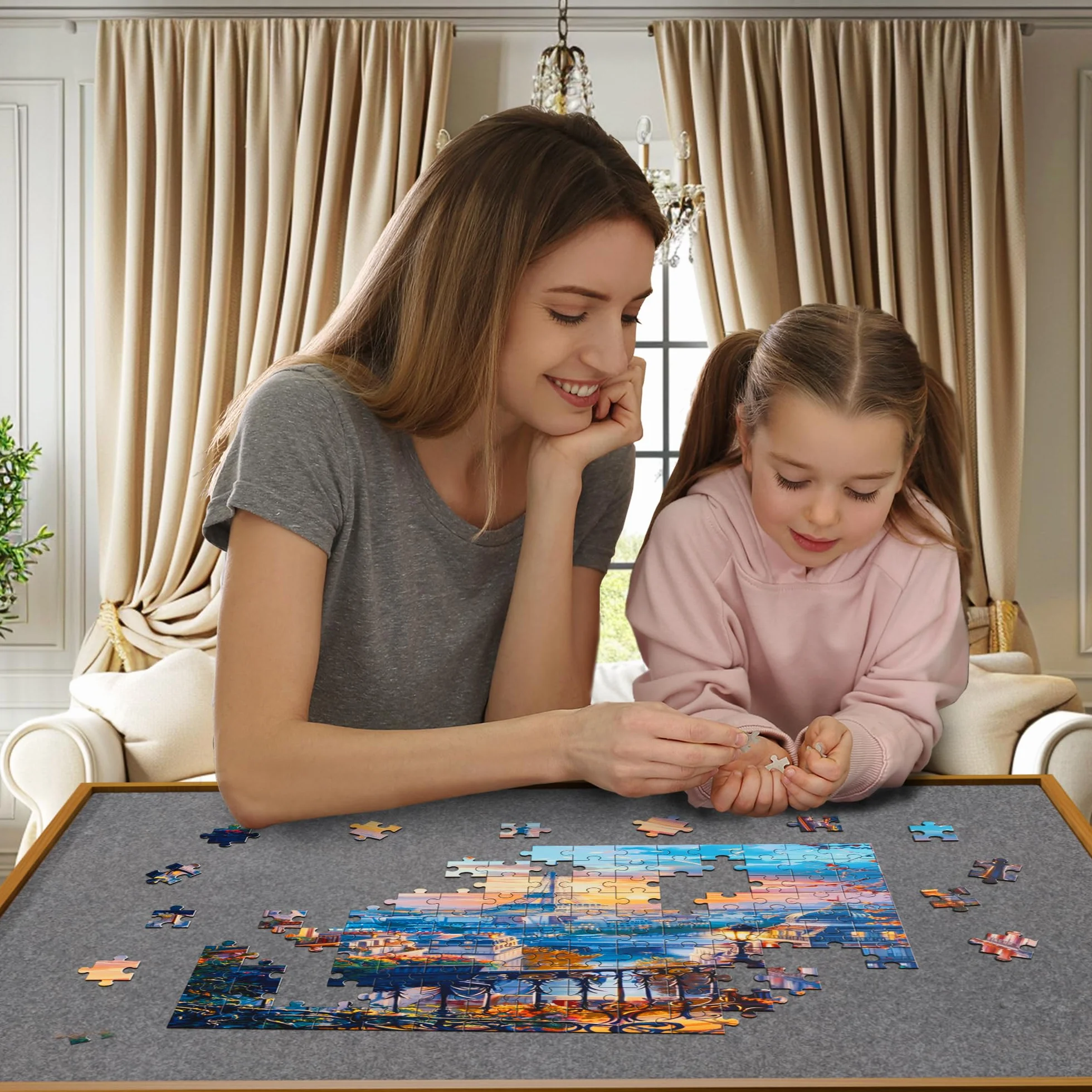 FATIVO Stół do puzzli, 1500 elementów, z regulacją wysokości na kółkach, 70 x 90 cm, z 2 szufladami z materiału, mobilna deska puzzli 74-98 cm, dla dorosłych, regulowany kąt, kolor czarny, brązowy