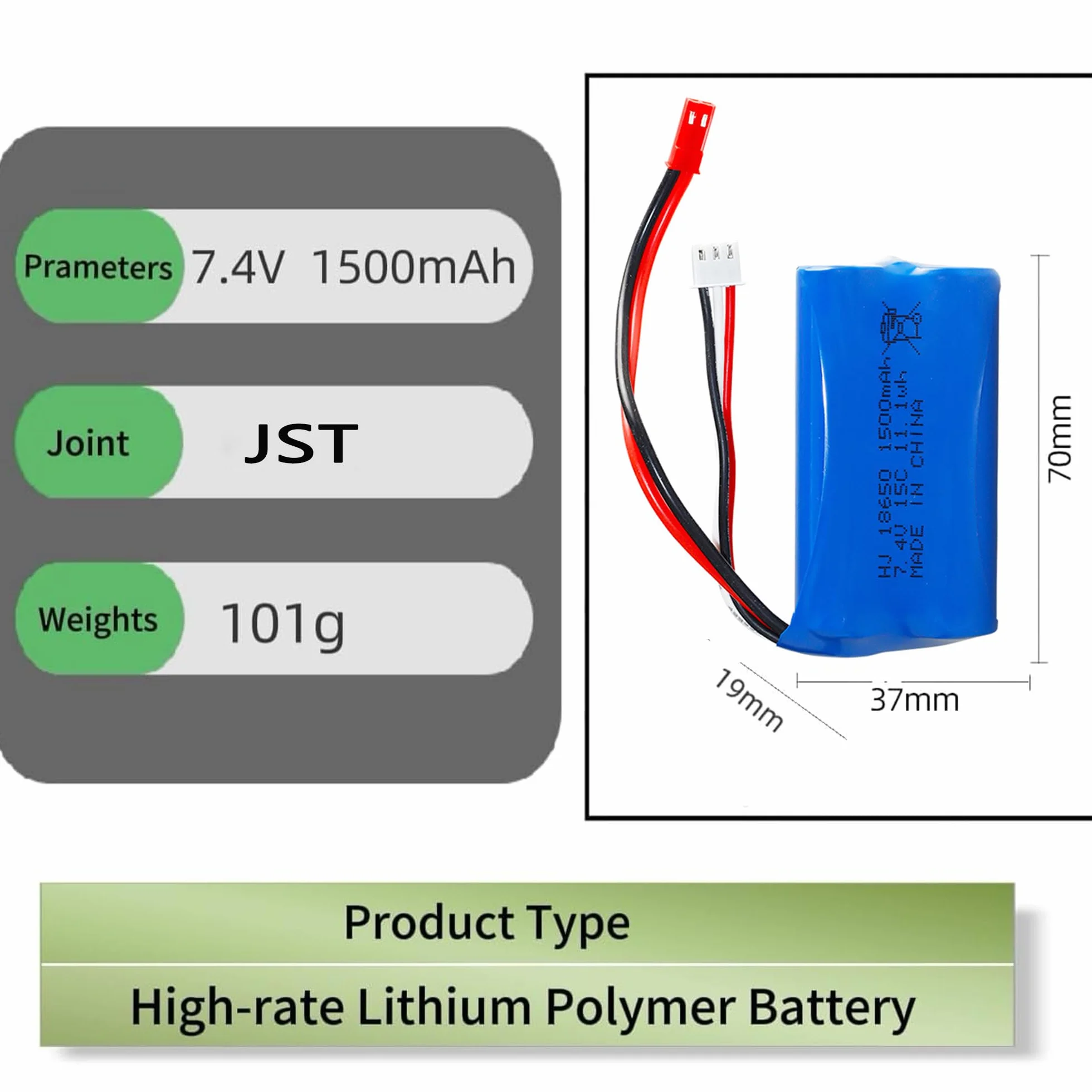7,4 V 1500 mAh akumulator litowo-jonowy do wielokrotnego ładowania z JST i kablem ładującym USB do dwustronnego samochodu wyczynowego RC, małych łodzi RC, pojazdów amfibijnych Tumbling