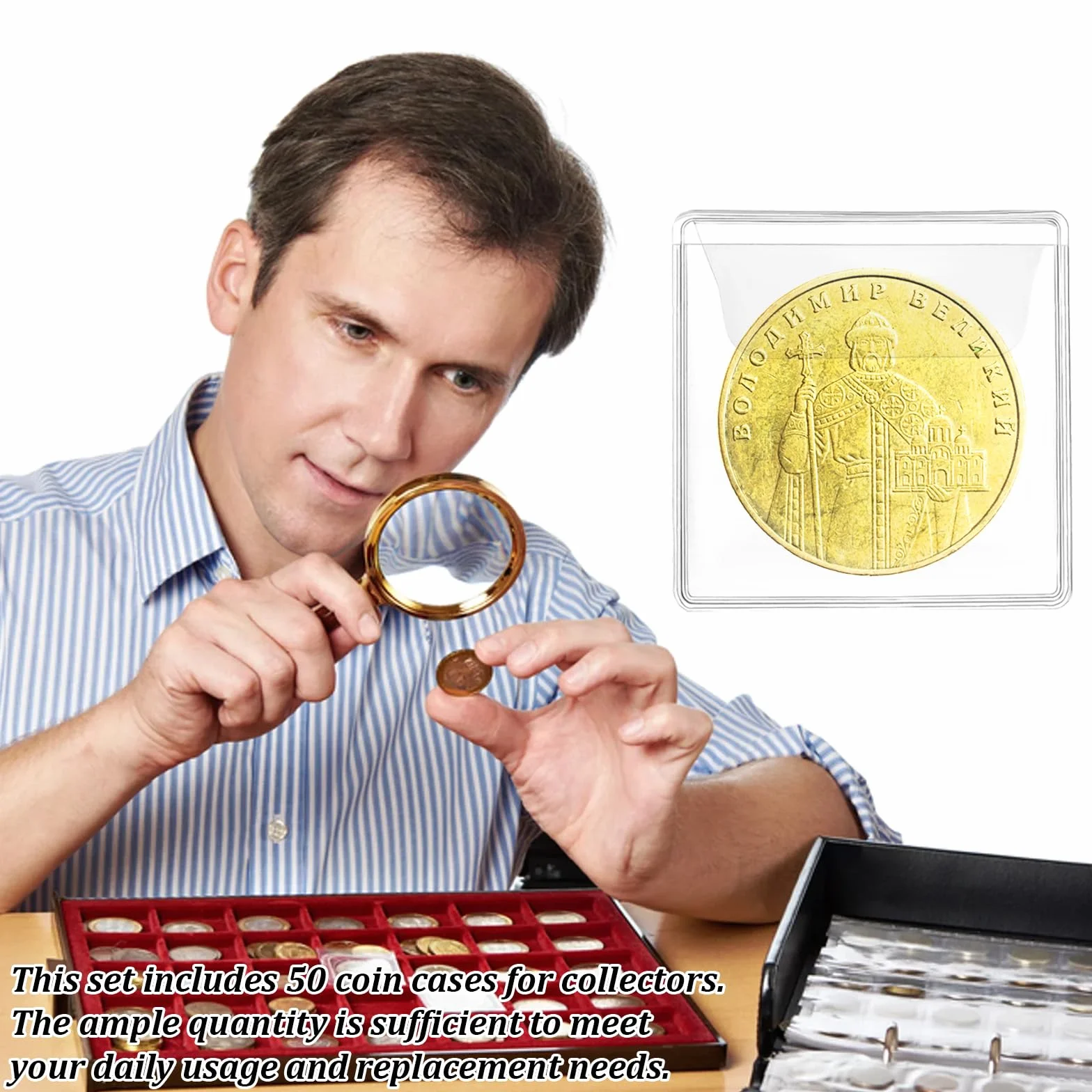 50 sztuk koszulek na monety PCW, etui do przechowywania monet, 5,5 x 5,5 cm, przezroczyste kieszenie, antyoksydacyjne, na monety, biżuterię, małe przedmioty